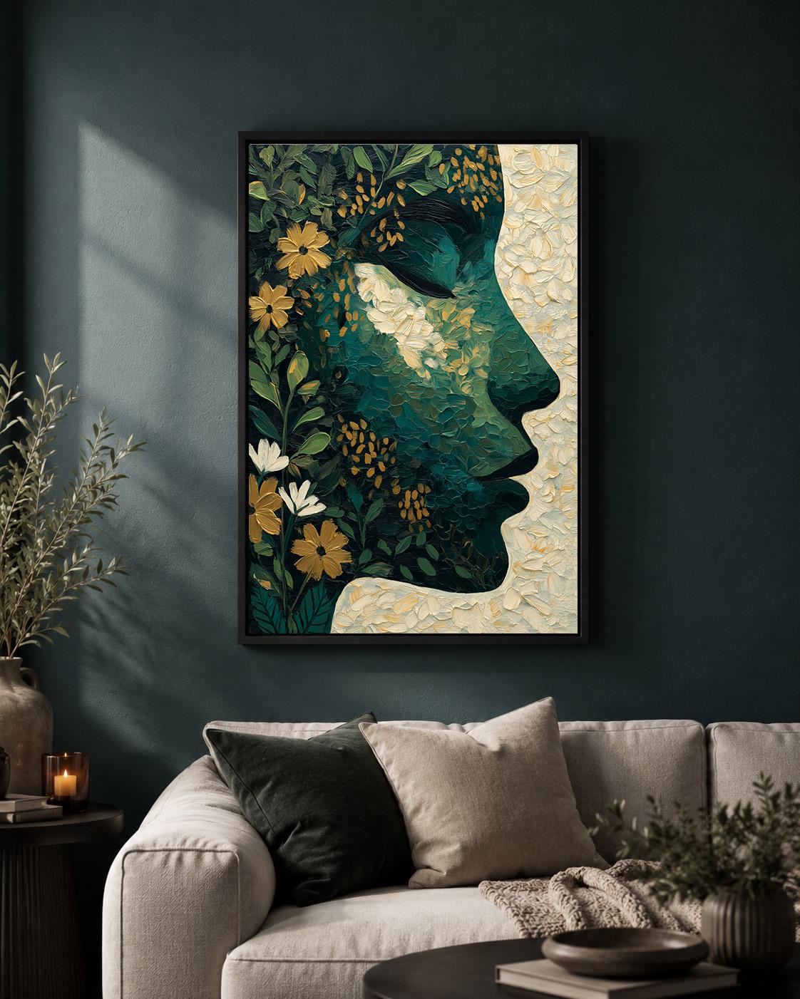 Abstract Botanical Face Framed Canvas Art, Moody Green Floral Portrait, Feminine Decor by The Wall Art Studio - physical