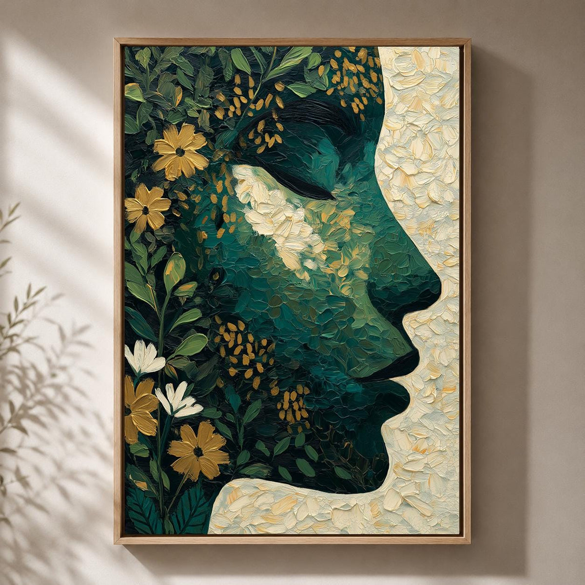 Abstract Botanical Face Framed Canvas Art, Moody Green Floral Portrait, Feminine Decor by The Wall Art Studio - physical