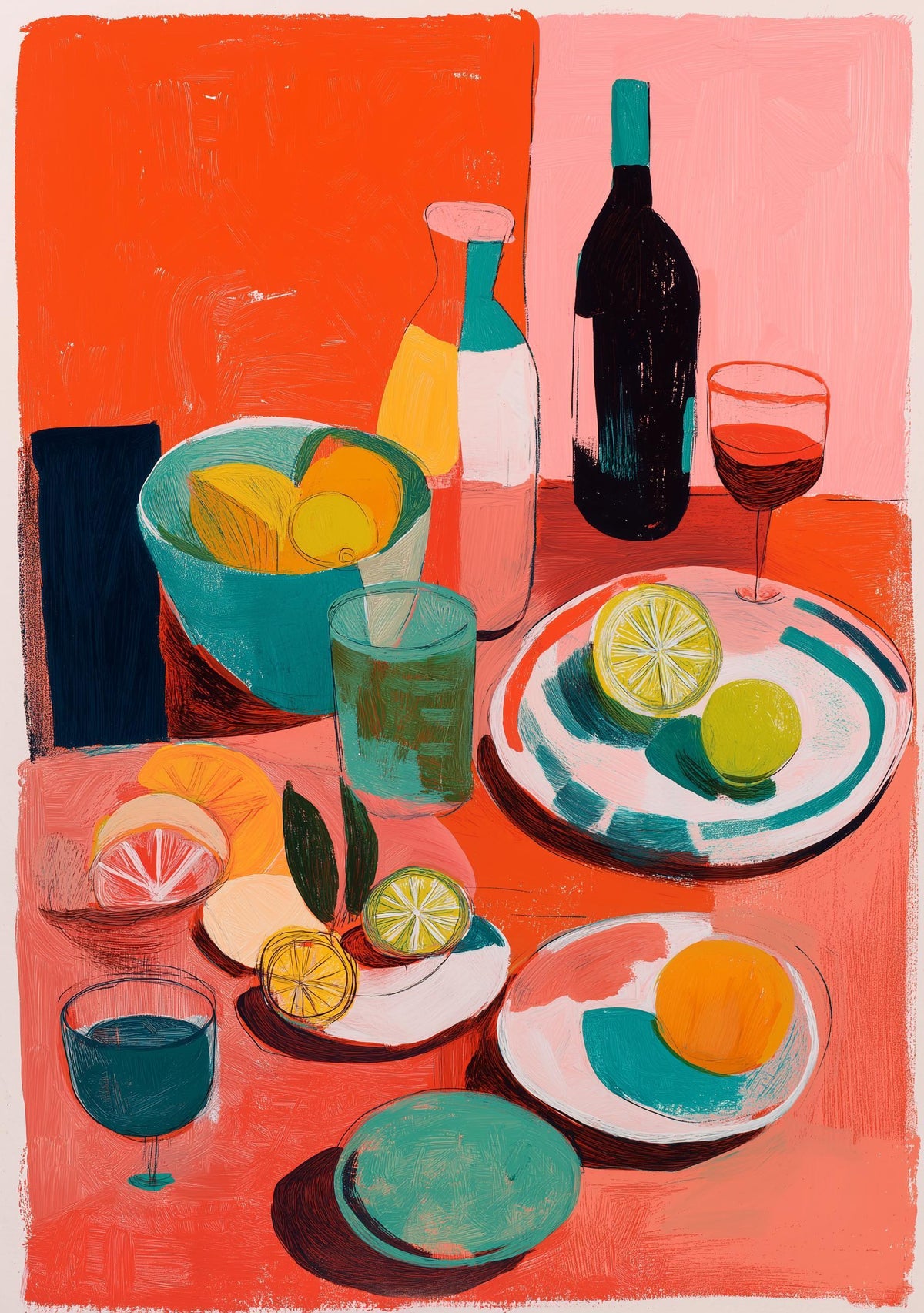 Abstract Food Print, Mediterranean Lemon Wine Poster, Colorful Kitchen Art by The Wall Art Studio - physical