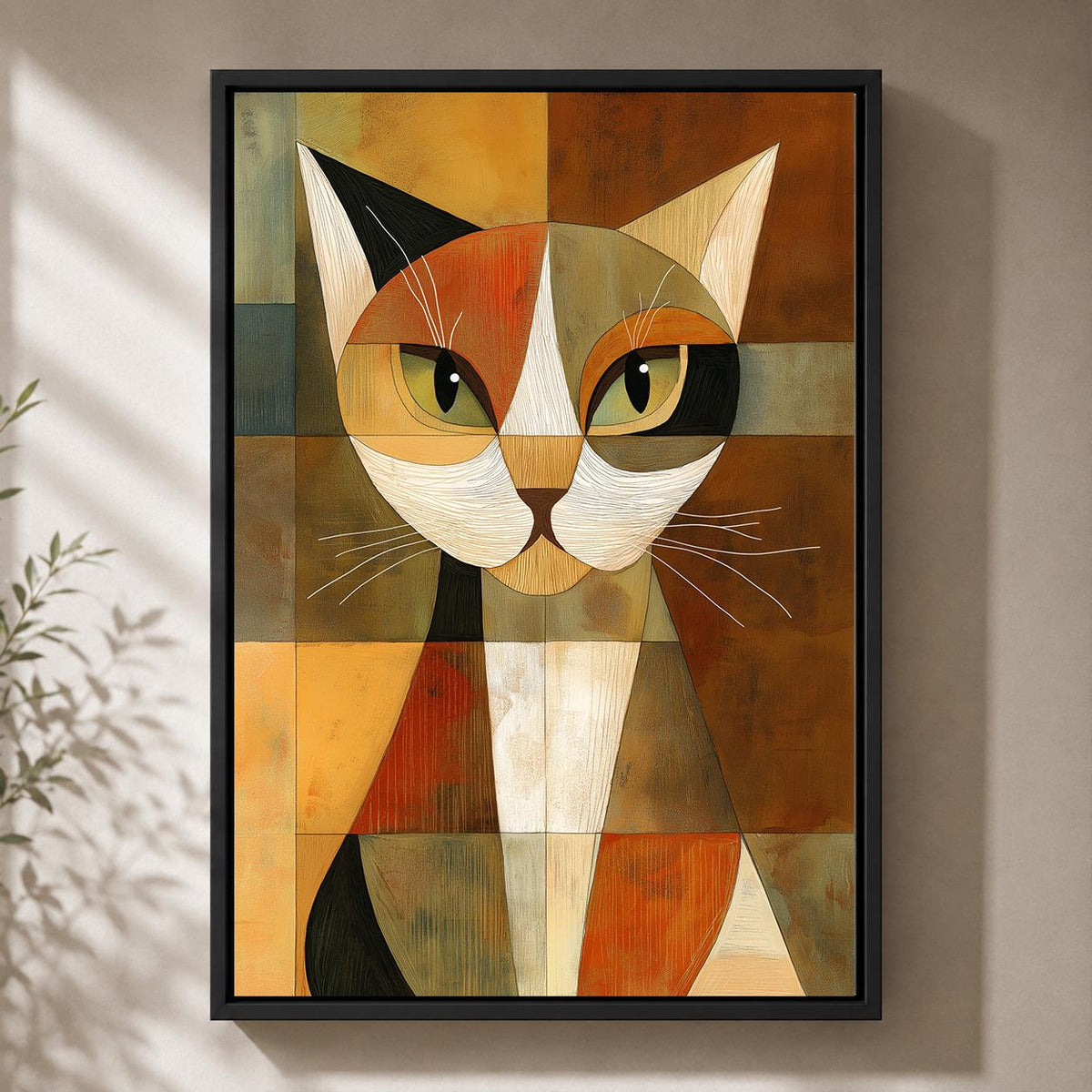 Abstract Geometric Cat Framed Canvas Art, Mid Century Modern Animal Print, Retro Pet Decor by The Wall Art Studio - physical