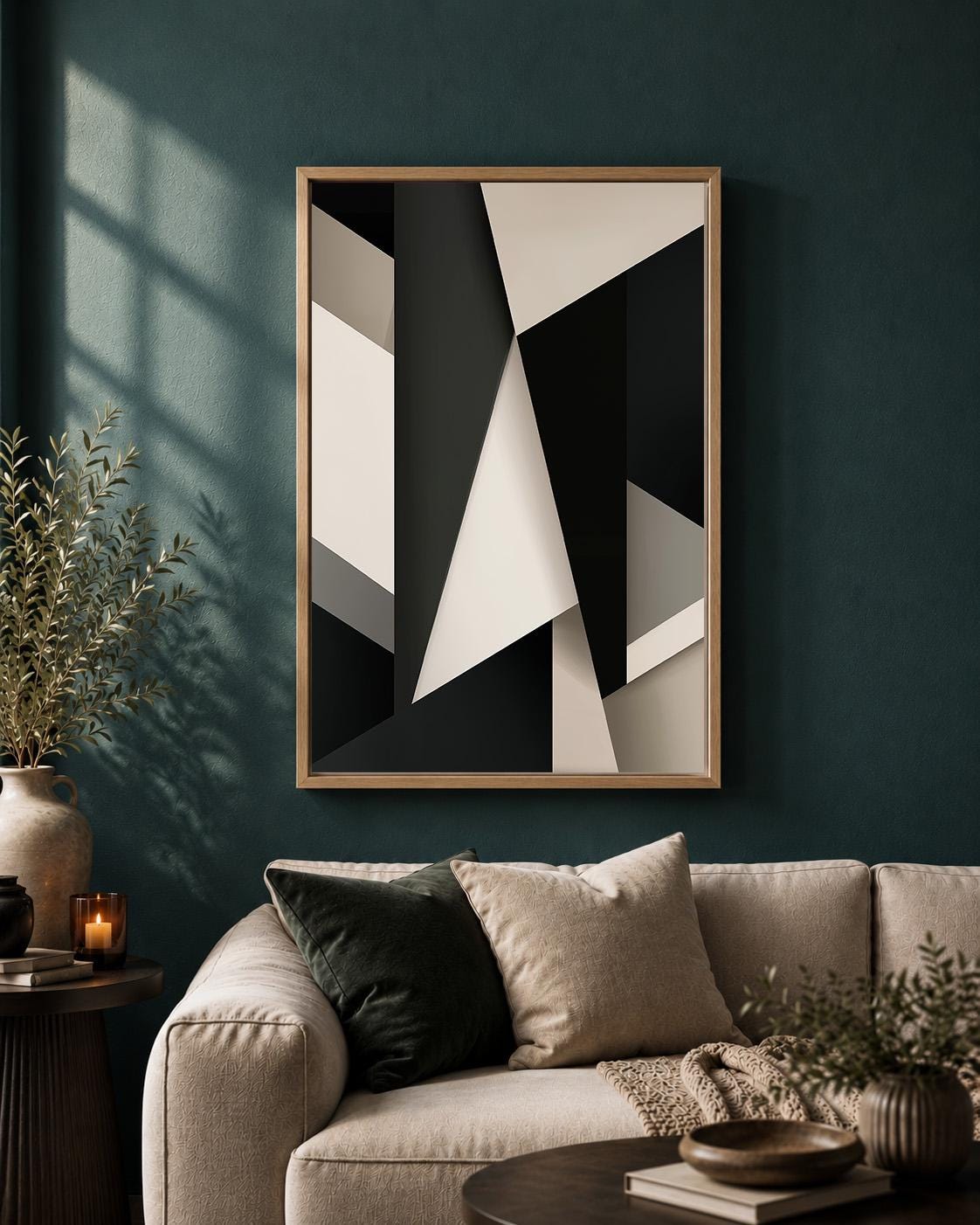 Abstract Geometric Framed Canvas Wall Art, Modern Black Beige Minimalist Living Room Home Decor by The Wall Art Studio - p...