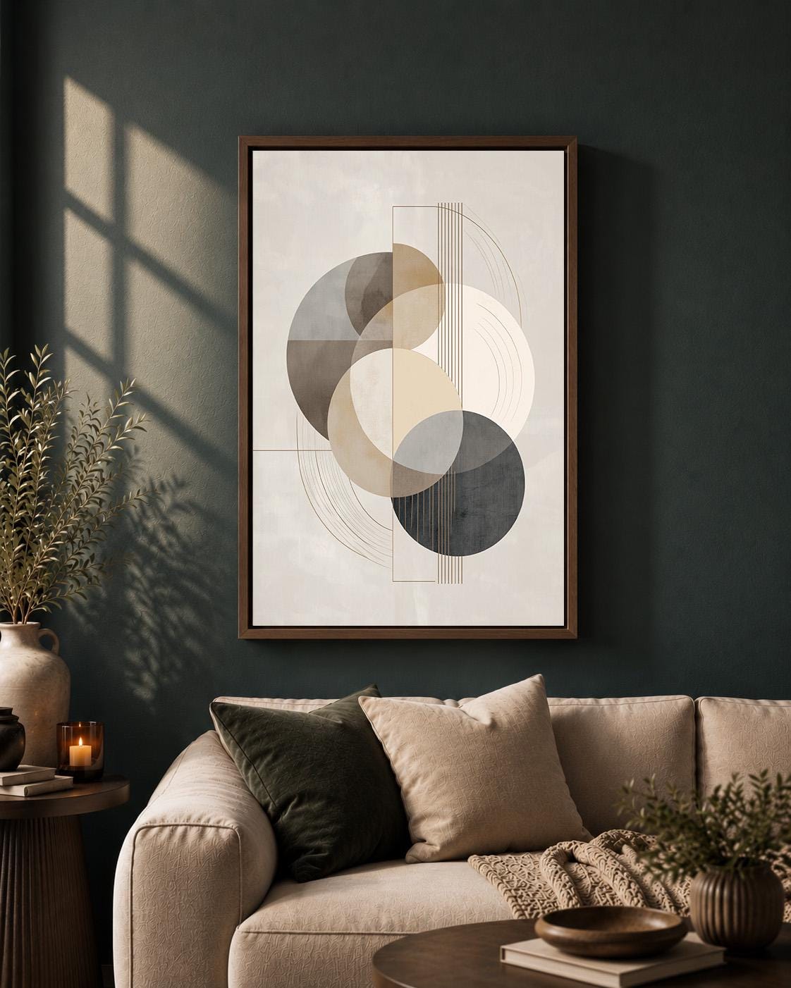 Abstract Geometric Framed Canvas Wall Art, Neutral Minimalist Framed Canvas, Modern Beige Canvas Wall Art for Living Room...
