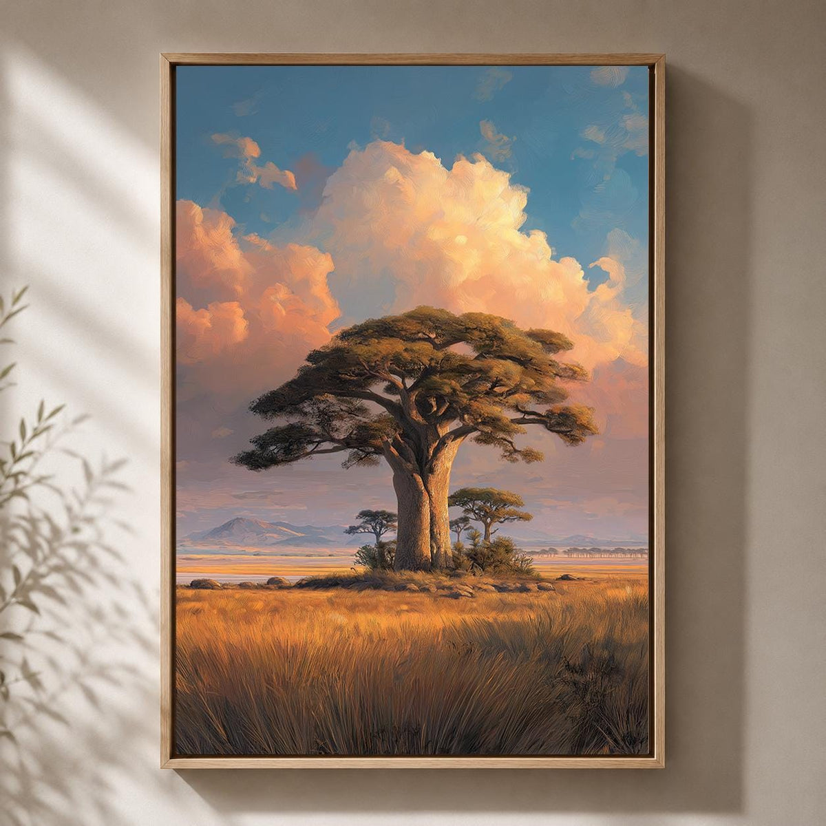 African Baobab Tree Framed Canvas Print, Sunset Savannah Landscape Artwork, Safari Decor by The Wall Art Studio - physical