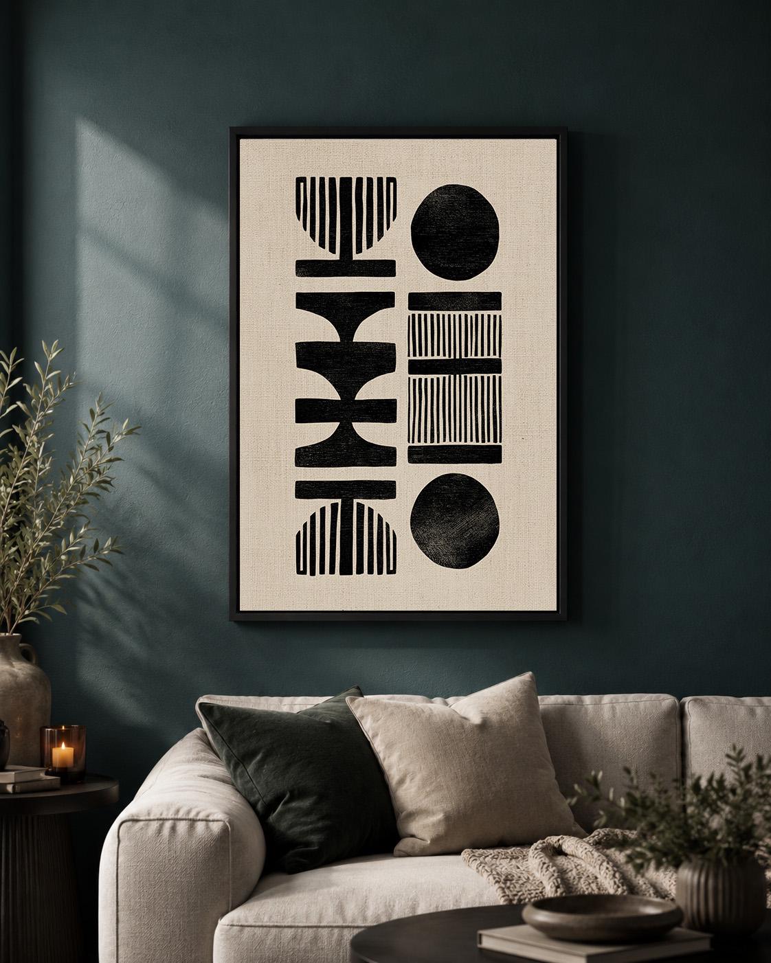 African Mud Cloth Style Framed Canvas Art, Neutral Tribal Geometric Print by The Wall Art Studio - physical