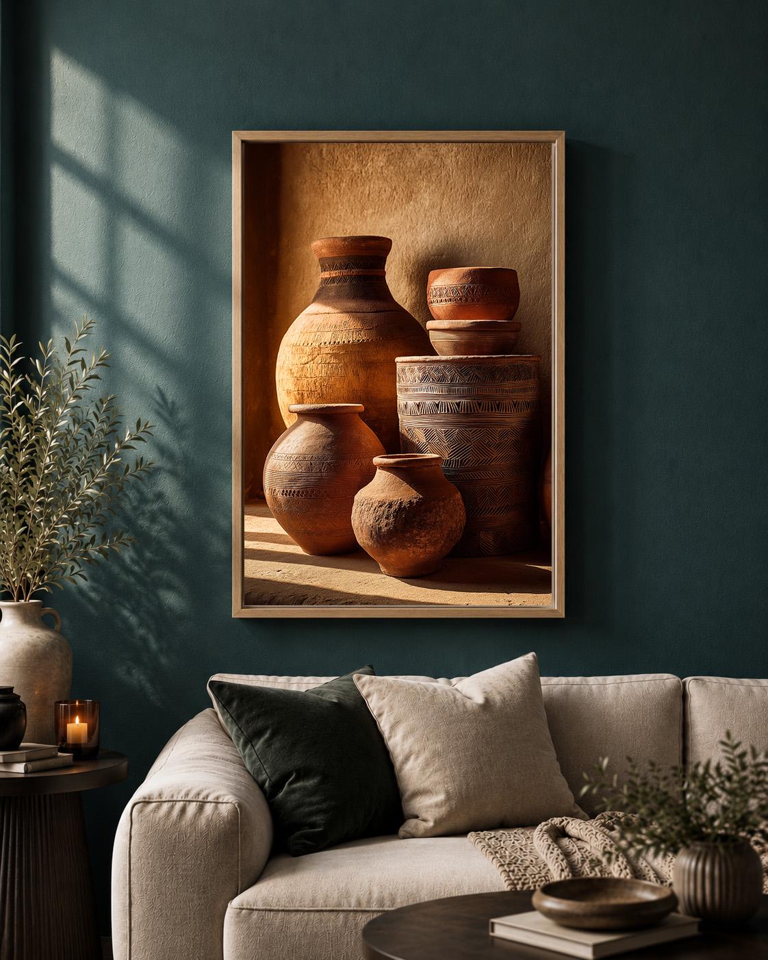 African Pottery Framed Canvas, Terracotta Vase Wall Art, Earth Tone Boho Print by The Wall Art Studio - physical