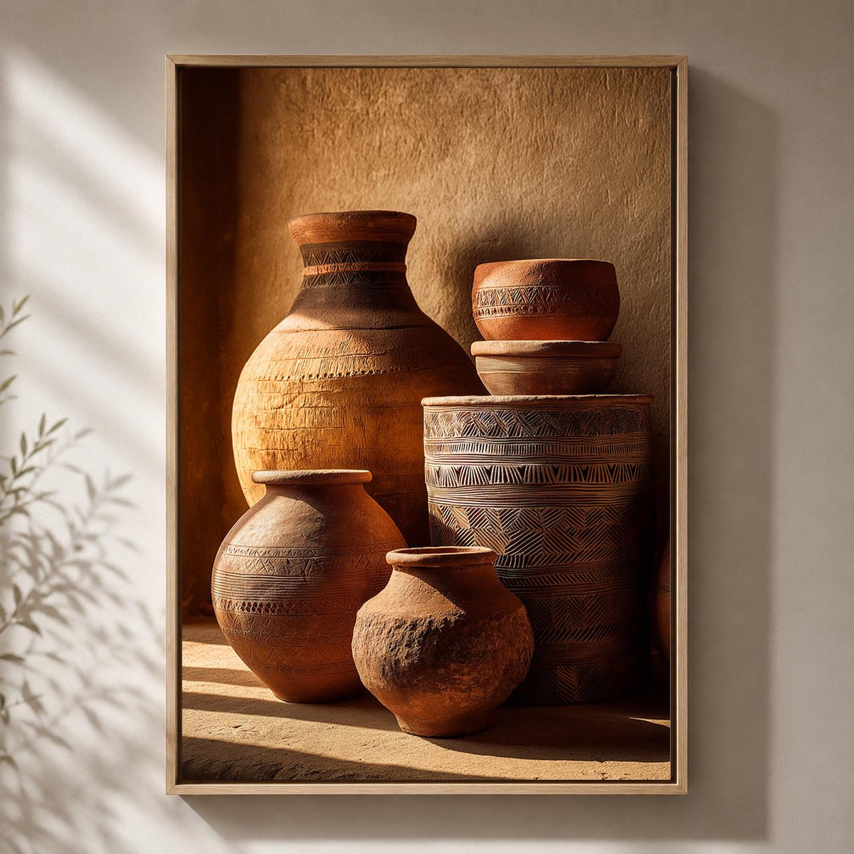 African Pottery Framed Canvas, Terracotta Vase Wall Art, Earth Tone Boho Print by The Wall Art Studio - physical