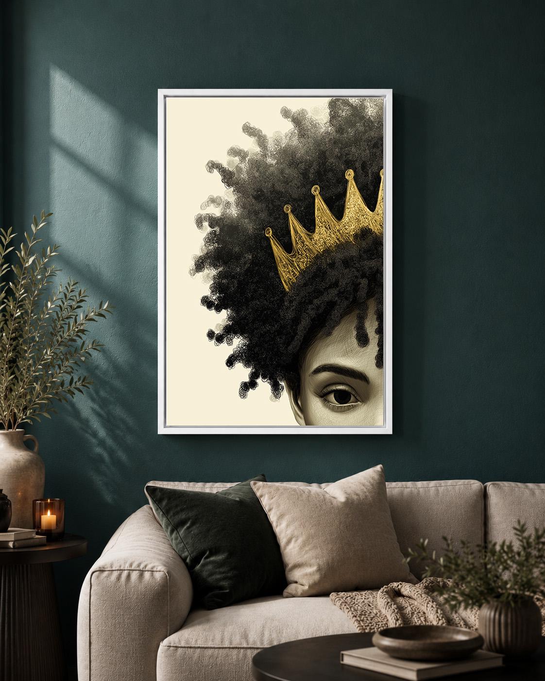 Afrocentric Queen Framed Canvas, Black Woman Crown Wall Art, African Queen Portrait, Gold Crown Framed Canvas Print by The...