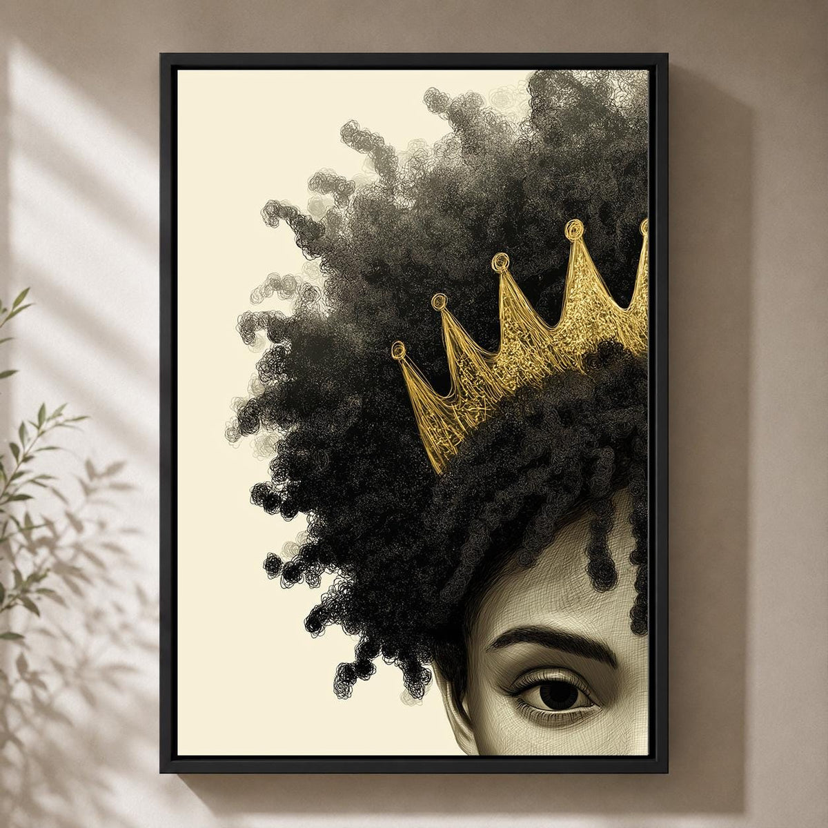 Afrocentric Queen Framed Canvas, Black Woman Crown Wall Art, African Queen Portrait, Gold Crown Framed Canvas Print by The...