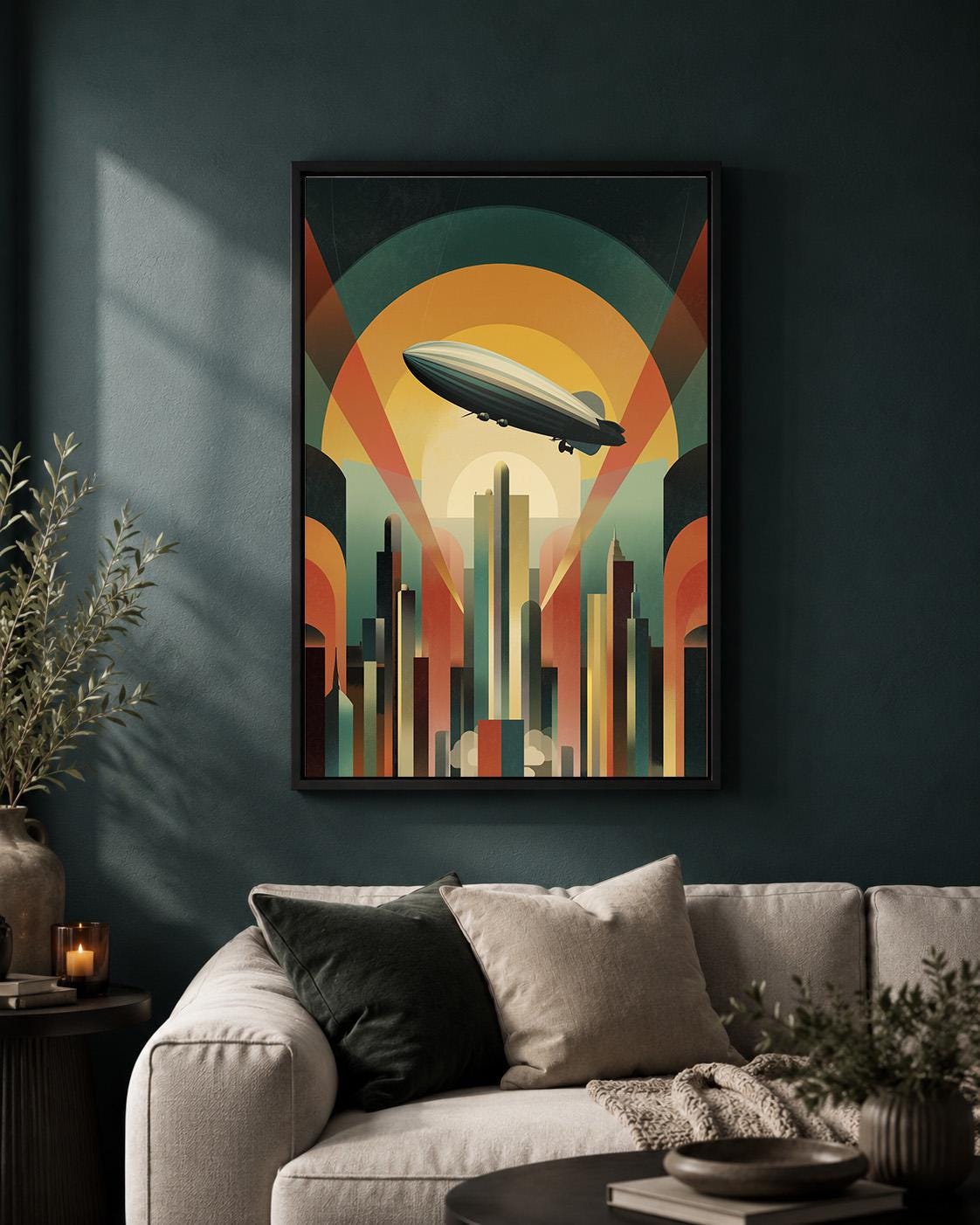 Art Deco Airship Framed Canvas Print, Retro Futurism Zeppelin Cityscape Wall Art by The Wall Art Studio - physical