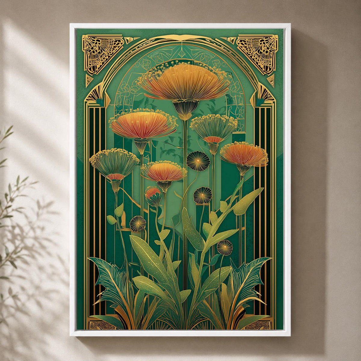 Art Deco Botanical Emerald Green Floral Framed Canvas Wall Art, Luxe Nature Decor by The Wall Art Studio - physical