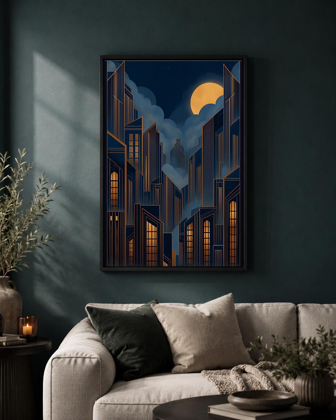 Art Deco Cityscape Framed Canvas Print, Moody Midnight Skyline Wall Art, Geometric Urban Decor by The Wall Art Studio - ph...