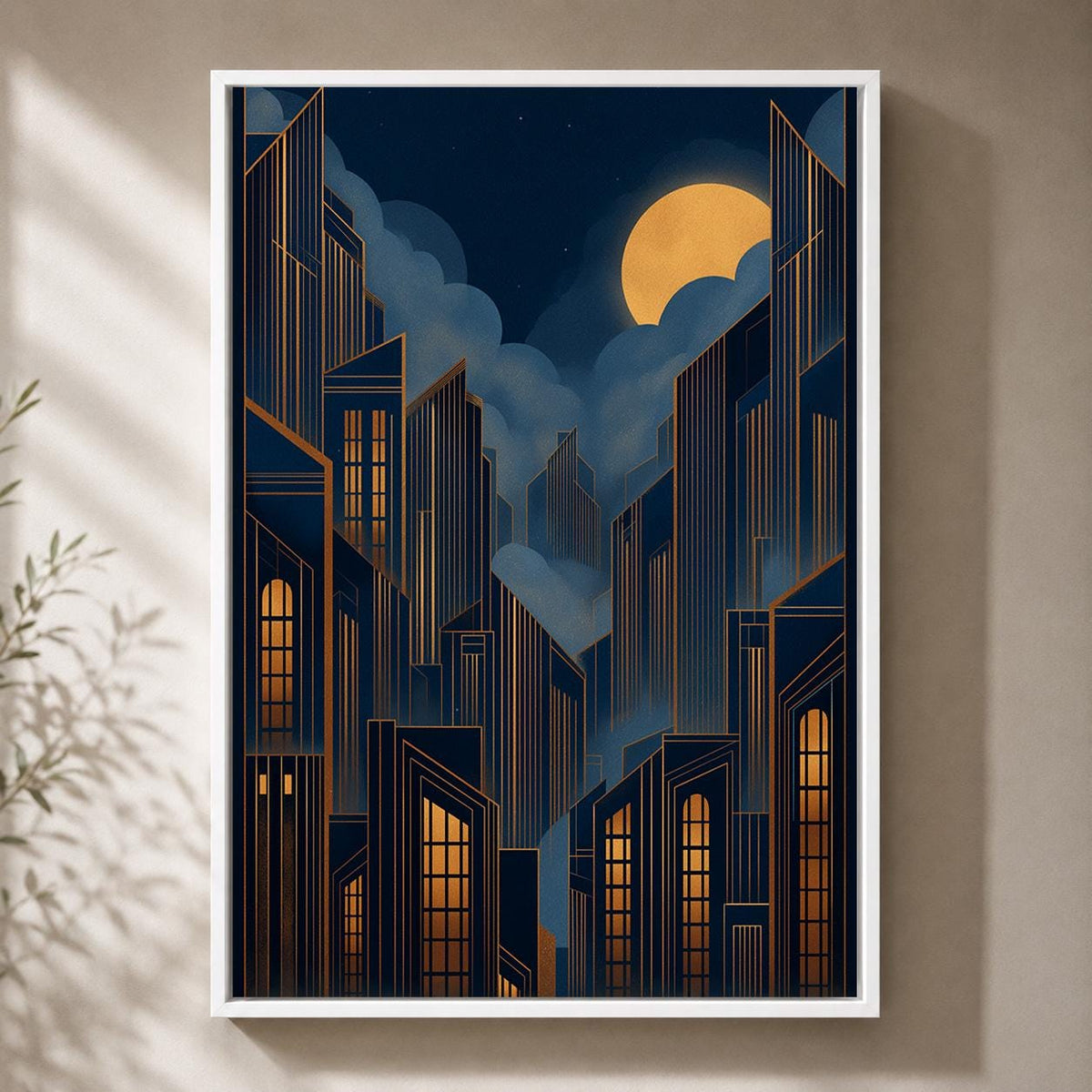 Art Deco Cityscape Framed Canvas Print, Moody Midnight Skyline Wall Art, Geometric Urban Decor by The Wall Art Studio - ph...