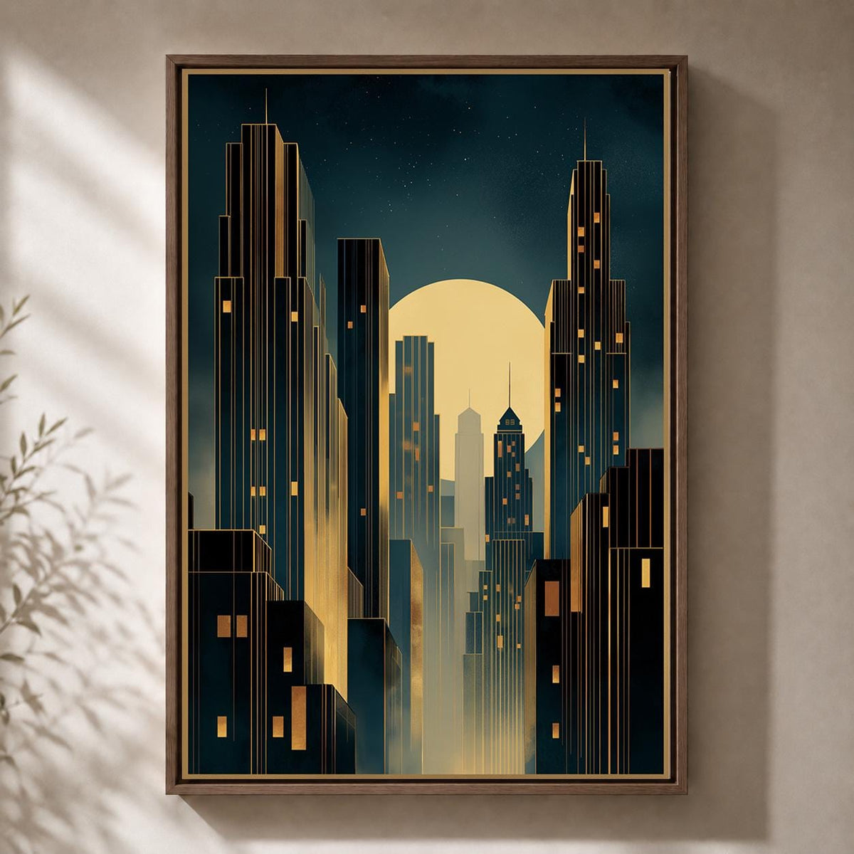 Art Deco Cityscape Framed Canvas Wall Art, Moody Midnight Skyline Print, Geometric Urban Deco Decor by The Wall Art Studio...