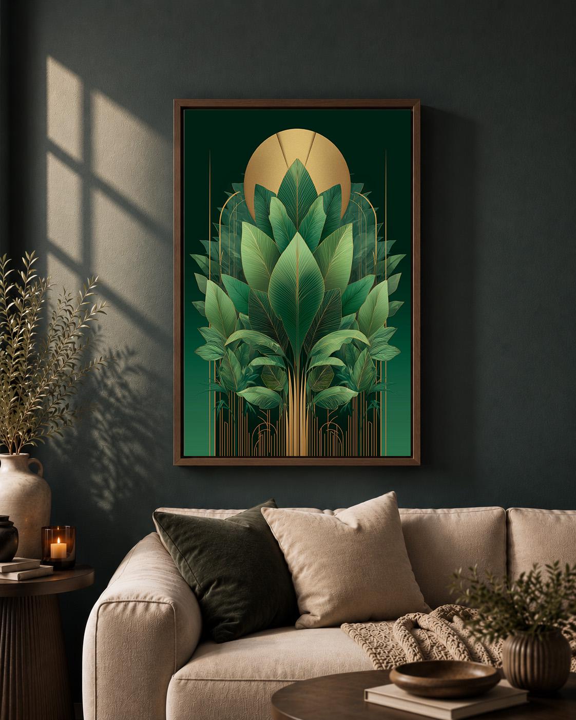 Art Deco Emerald Green Tropical Leaf Framed Canvas Print, Gold Botanical Wall Art by The Wall Art Studio - physical
