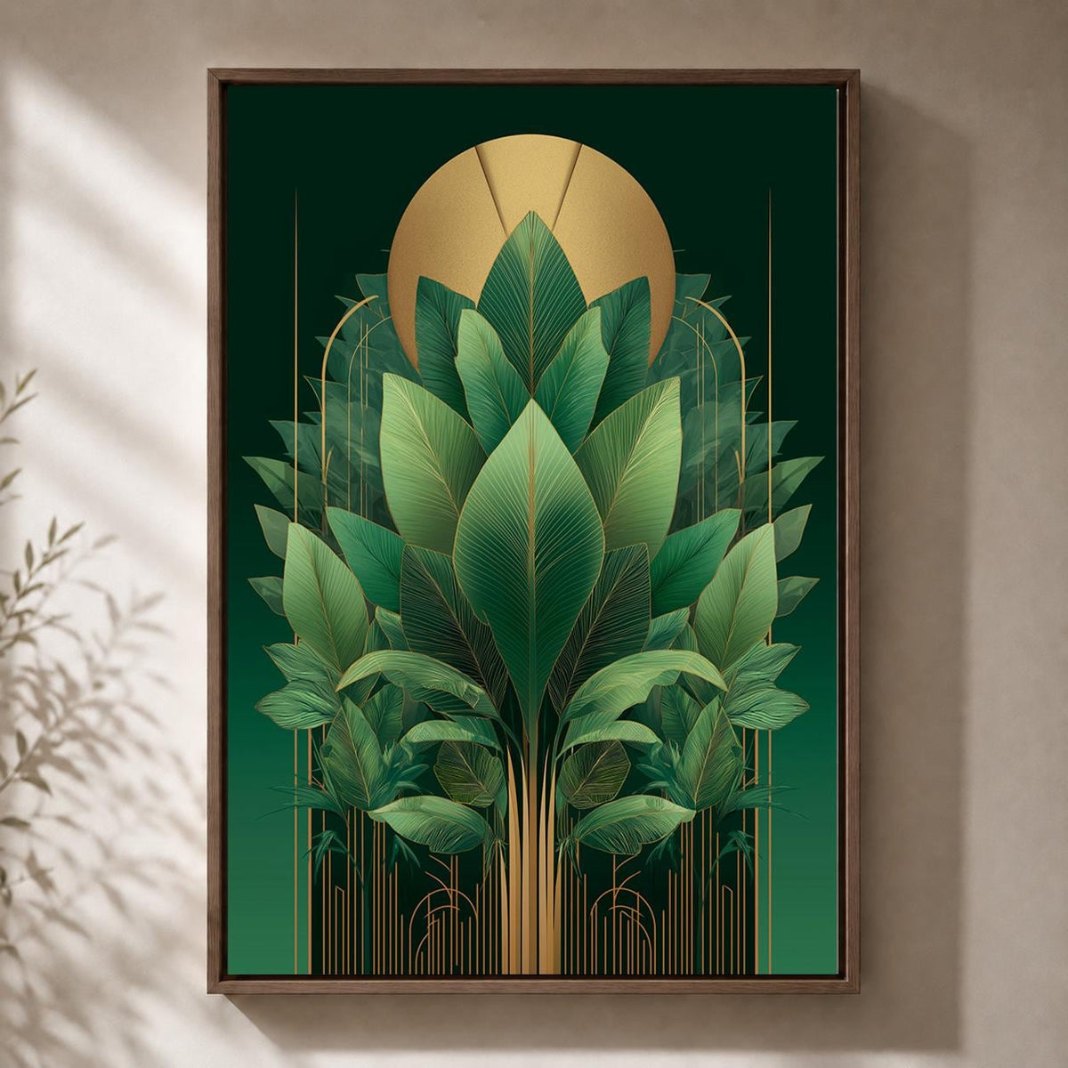 Art Deco Emerald Green Tropical Leaf Framed Canvas Print, Gold Botanical Wall Art by The Wall Art Studio - physical
