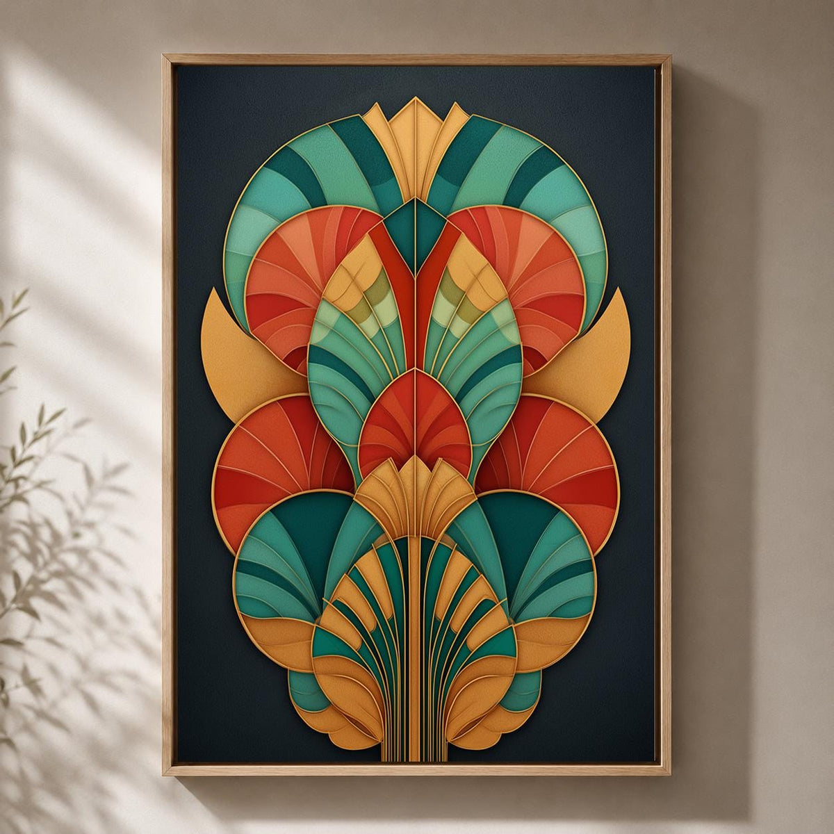 Art Deco Geometric Framed Canvas Art, Teal Orange Abstract Fan Print, Statement Decor by The Wall Art Studio - physical