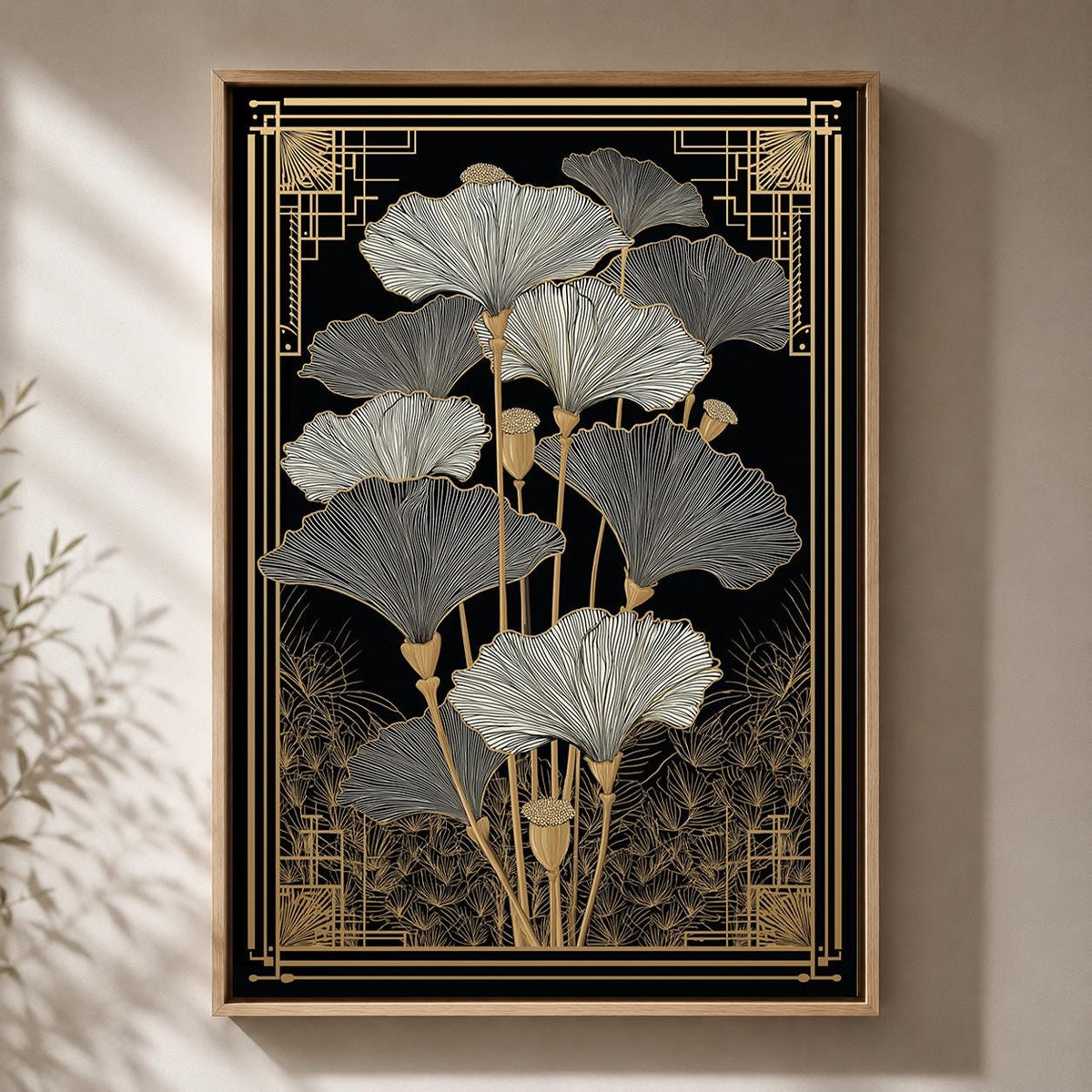 Art Deco Ginkgo Leaf Framed Canvas Art, Black Gold Botanical Print, Modern Floral Home Decor by The Wall Art Studio - phys...