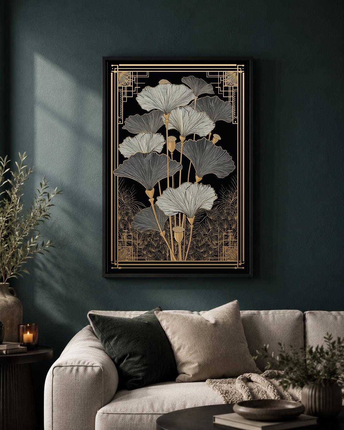 Art Deco Ginkgo Leaf Framed Canvas Art, Black Gold Botanical Print, Modern Floral Home Decor by The Wall Art Studio - phys...