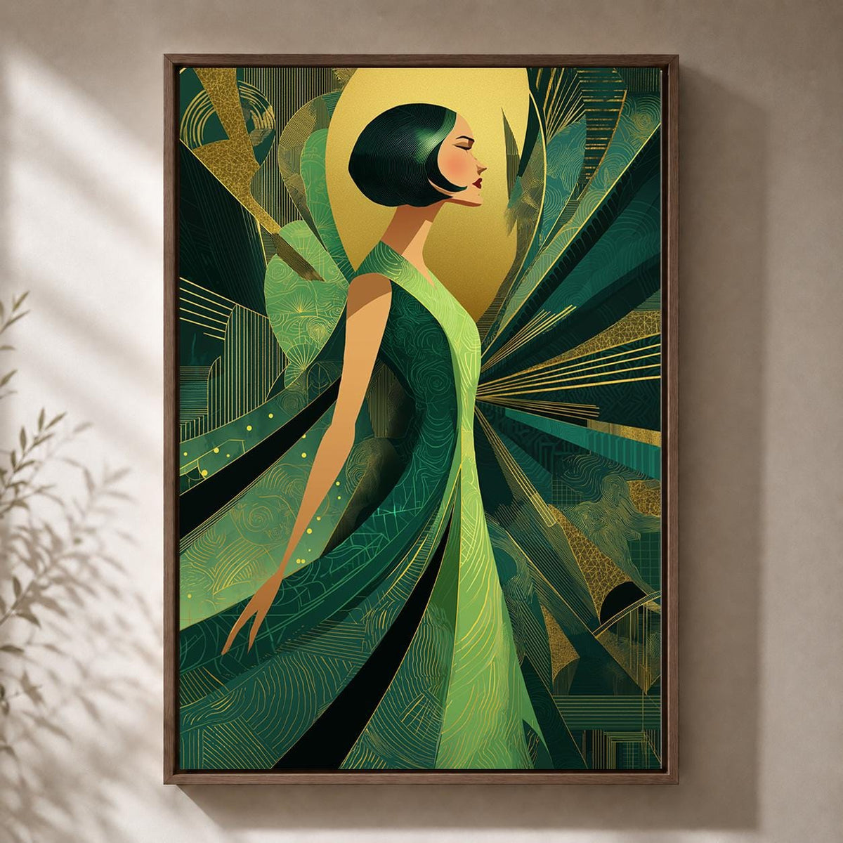 Art Deco Goddess Framed Canvas Art, Emerald Green Gold Fashion Illustration, Luxe Glam Decor by The Wall Art Studio - phys...