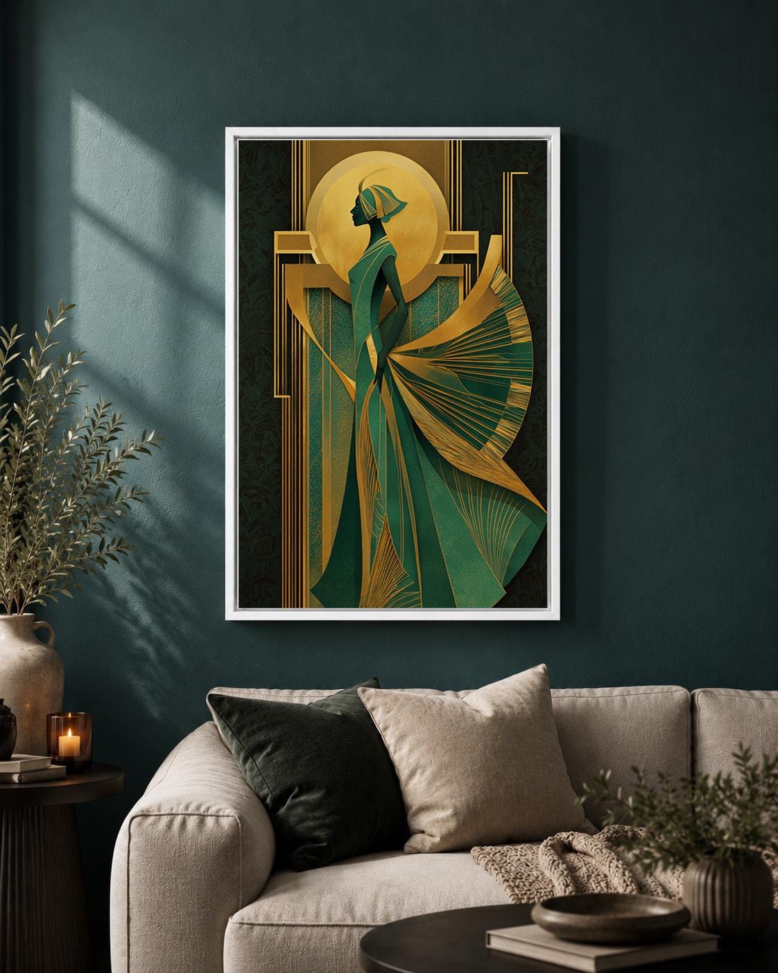 Art Deco Goddess Framed Canvas Art, Emerald Green Gold Fashion Illustration, Luxe Glam Decor by The Wall Art Studio - phys...