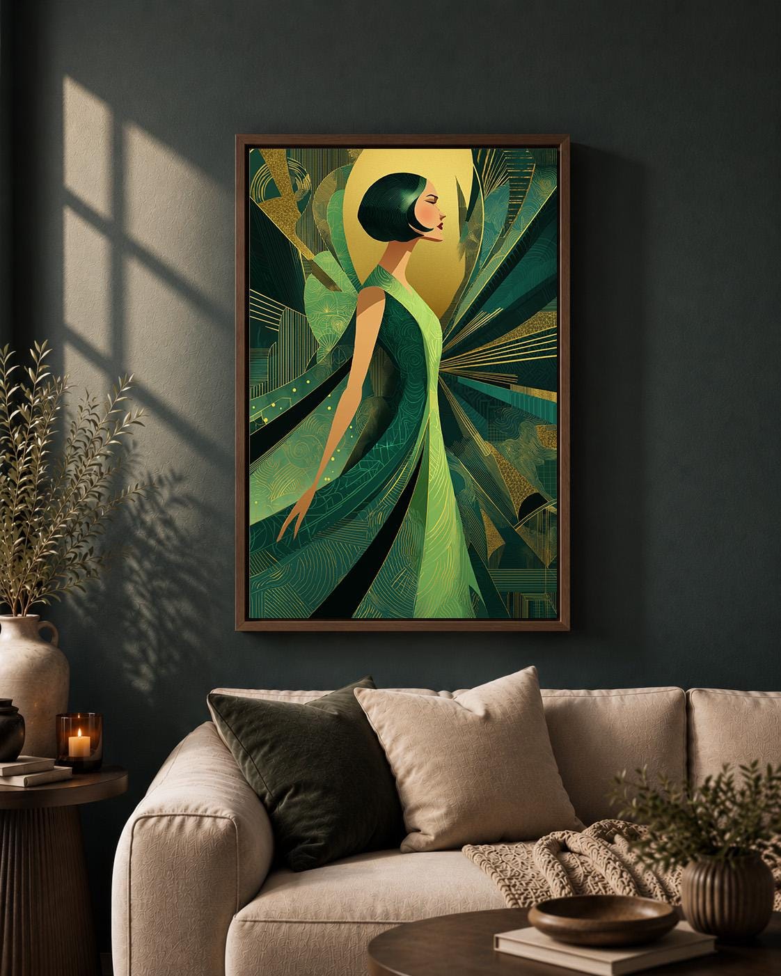 Art Deco Goddess Framed Canvas Art, Emerald Green Gold Fashion Illustration, Luxe Glam Decor by The Wall Art Studio - phys...