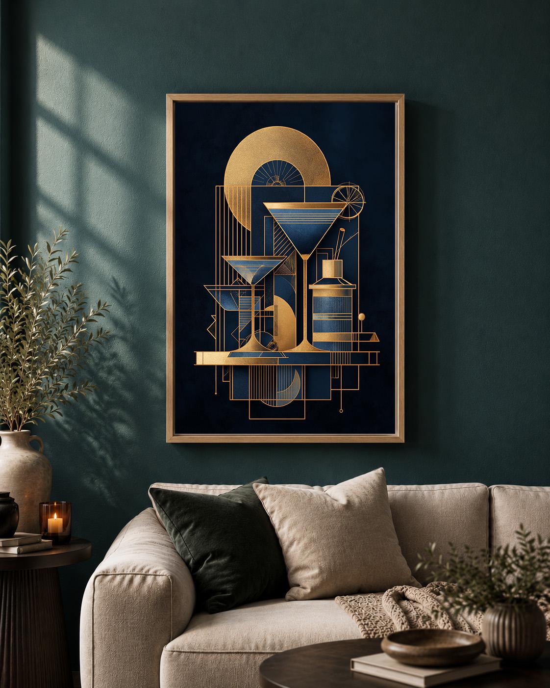 Art Deco Martini Cocktail Framed Canvas Print, Geometric Bar Wall Art, Gatsby Lounge Decor by The Wall Art Studio - physical