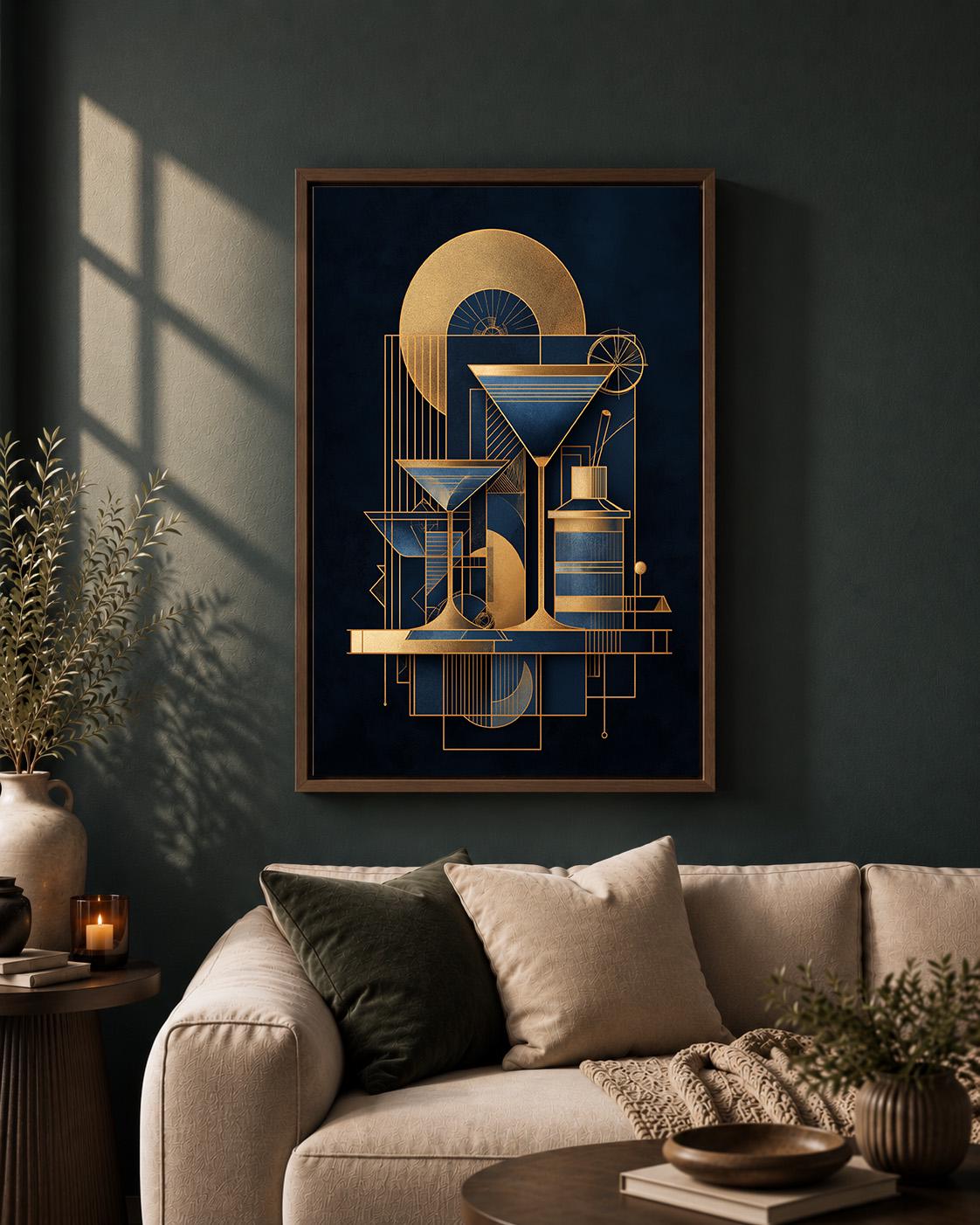 Art Deco Martini Cocktail Framed Canvas Print, Geometric Bar Wall Art, Gatsby Lounge Decor by The Wall Art Studio - physical
