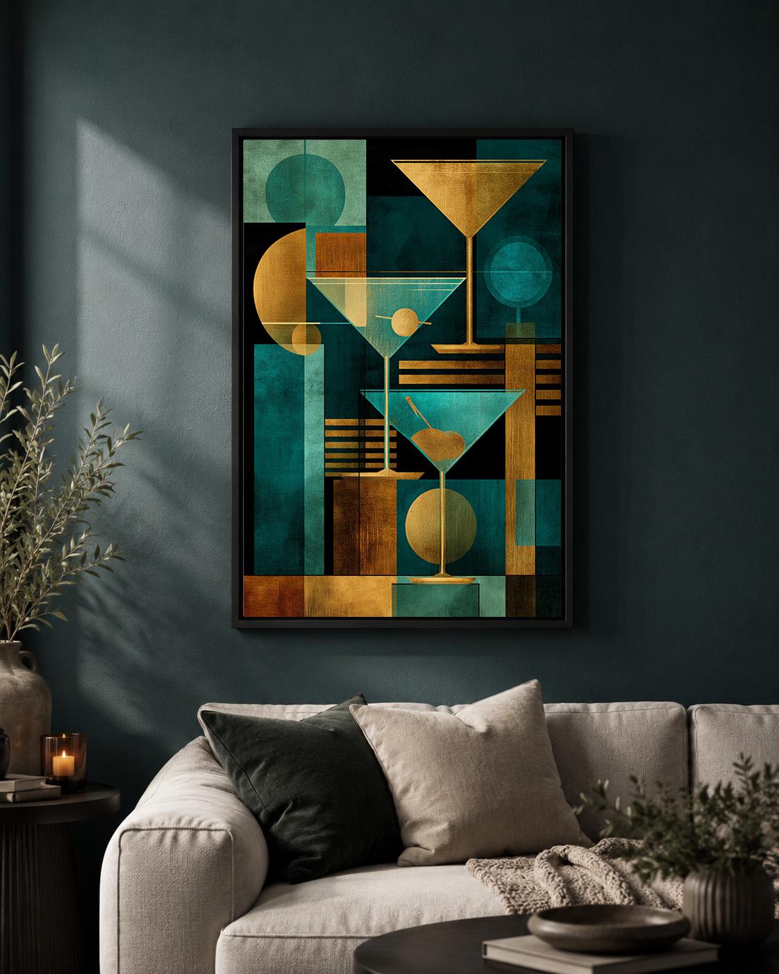Art Deco Martini Framed Canvas Print, Teal Gold Geometric Bar Art, Framed Glam Artwork by The Wall Art Studio - physical