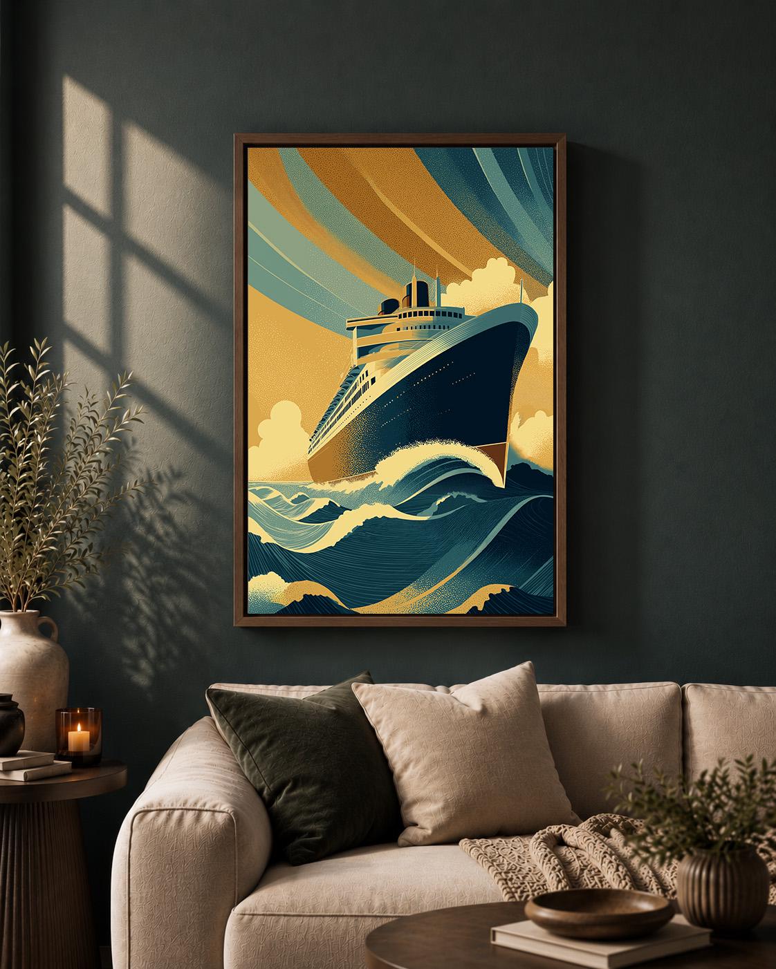 Art Deco Ocean Liner Framed Canvas Print, Maritime Cruise Ship Wall Art by The Wall Art Studio - physical