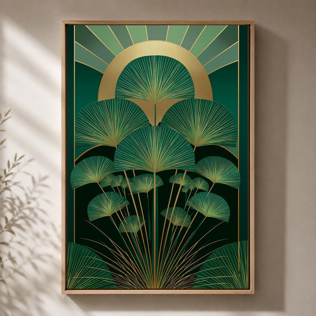 Art Deco Palm Framed Canvas, Emerald Green Botanical Wall Art, Gold Tropical Leaf Framed Canvas Print, Luxury Decor by The...
