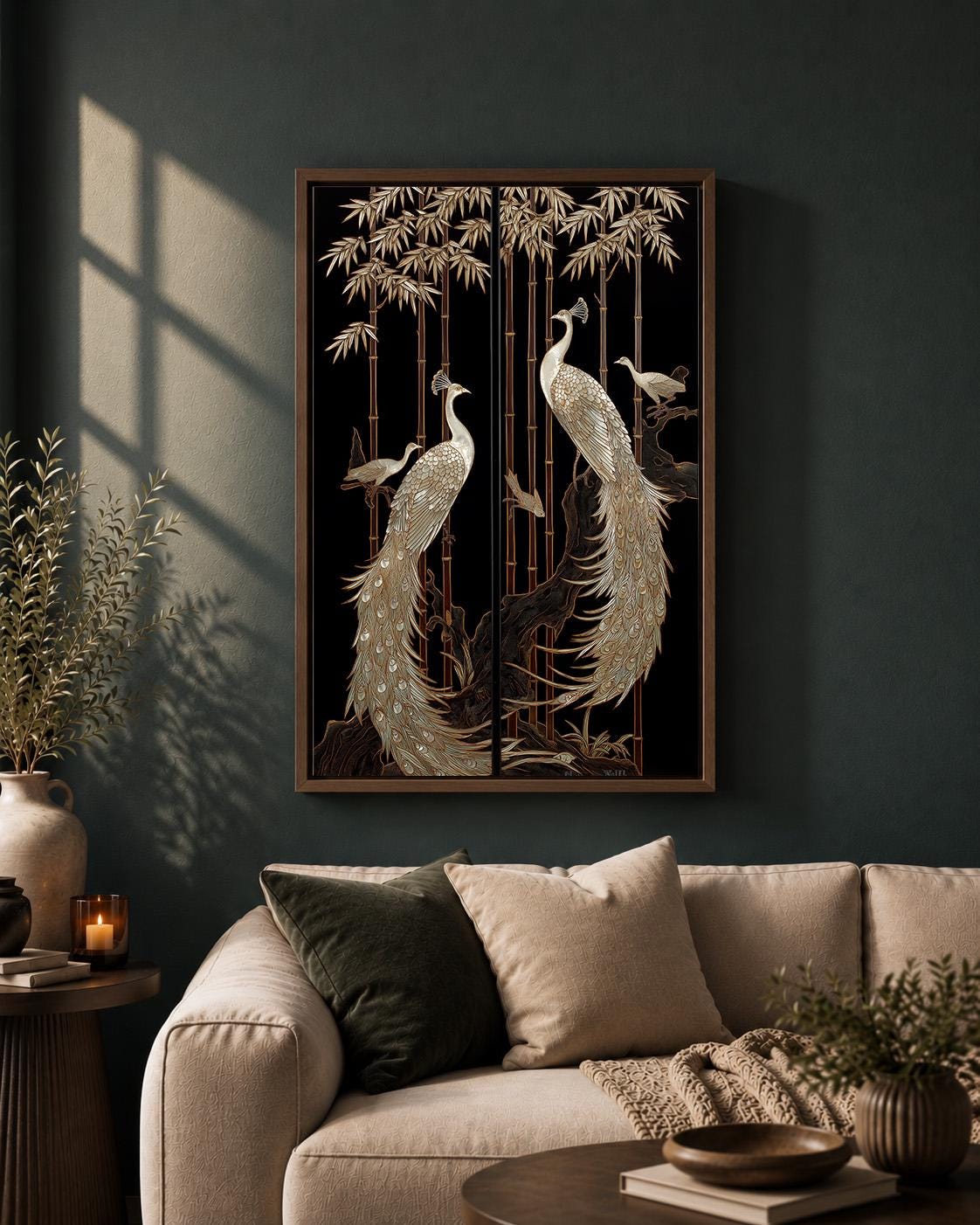 Art Deco Peacock Framed Canvas Art, Black Gold Oriental Bird Print, Japanese Style Decor by The Wall Art Studio - physical