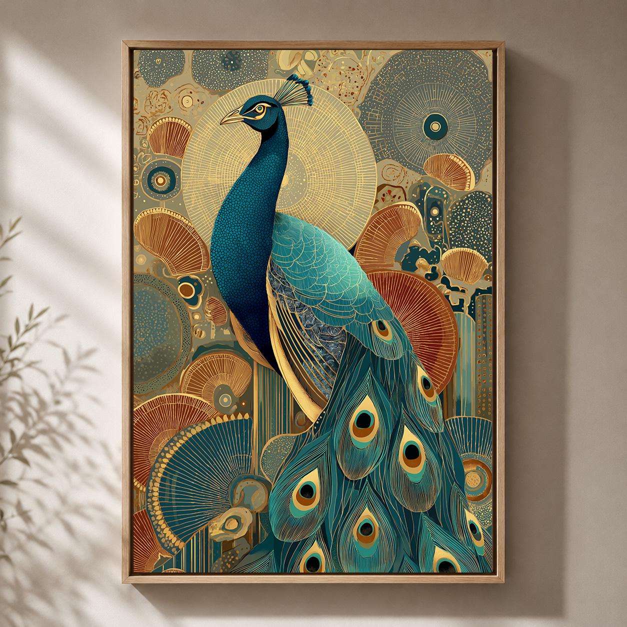 Art Deco Peacock Framed Canvas Art, Blue Gold Print, Vintage Glam Artwork, Maximalist Decor by The Wall Art Studio - physical