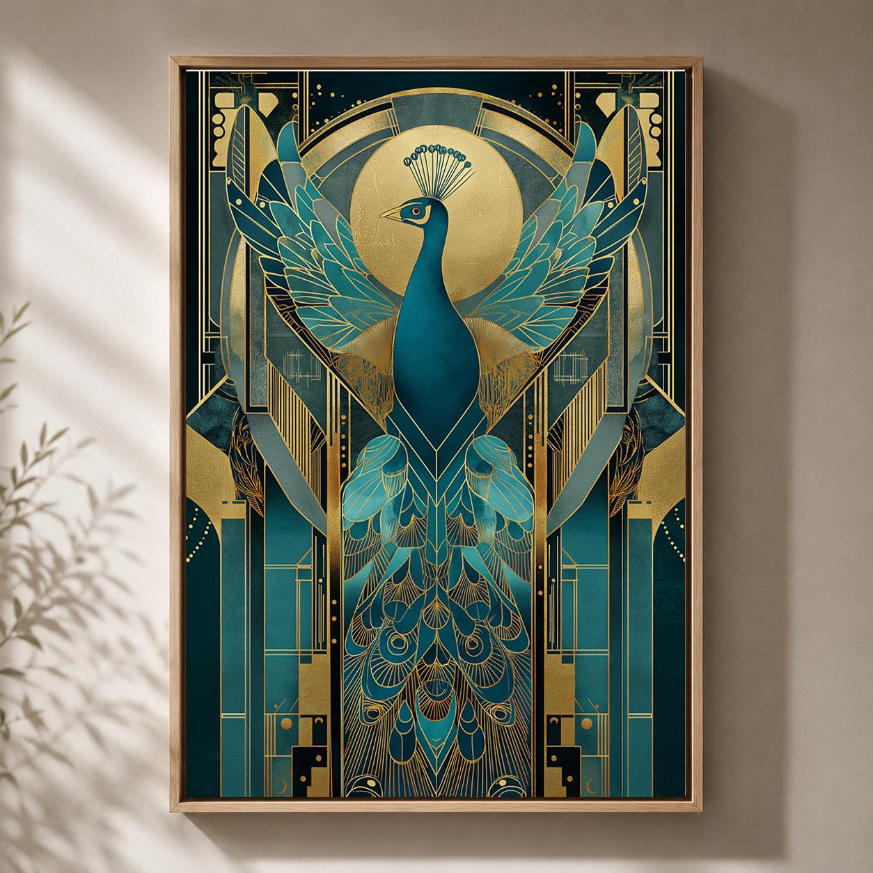 Art Deco Peacock Framed Canvas Art, Teal Gold Print, Maximalist Glam Bedroom Artwork by The Wall Art Studio - physical