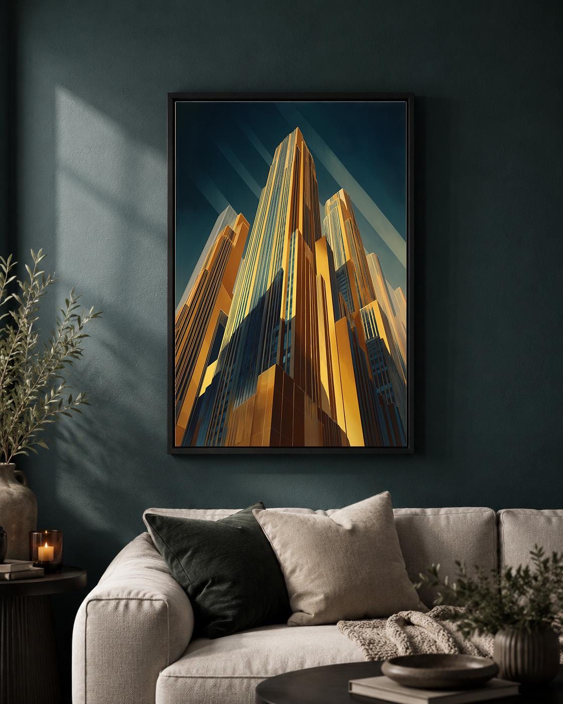 Art Deco Skyscraper Framed Canvas Print, Gold Cityscape Wall Art, Modern Architecture Decor by The Wall Art Studio - physical