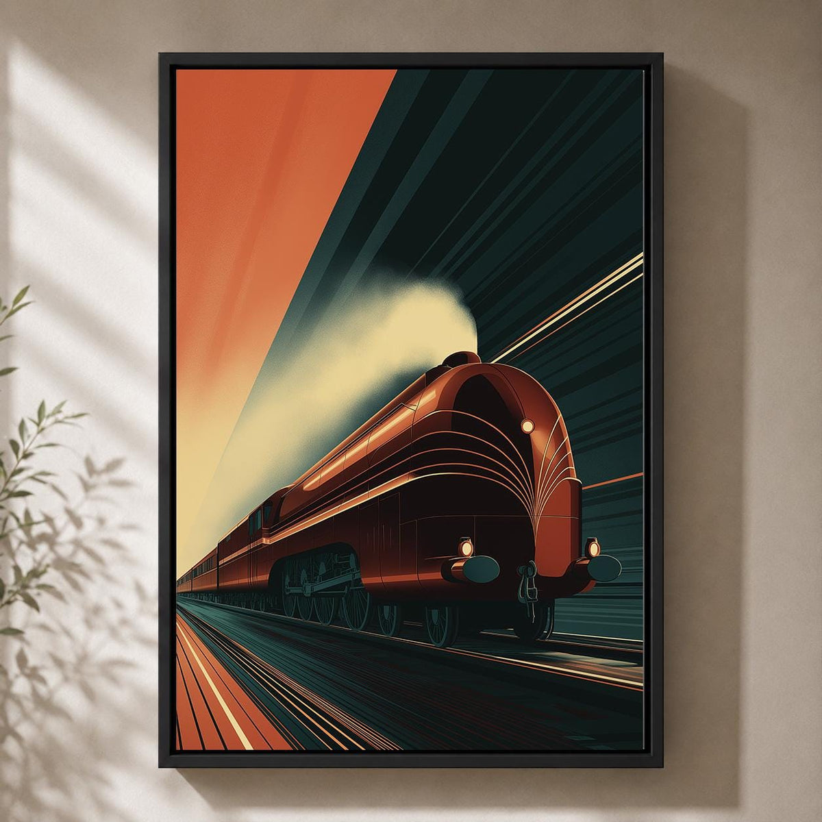 Art Deco Steam Train Framed Canvas Print, Vintage Locomotive Railway Decor by The Wall Art Studio - physical