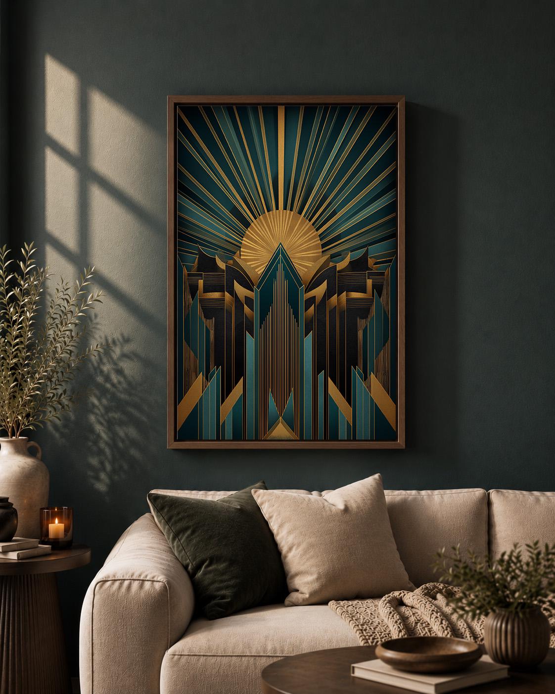 Art Deco Teal Gold Geometric Framed Canvas Wall Art, Gatsby Style Decor by The Wall Art Studio - physical