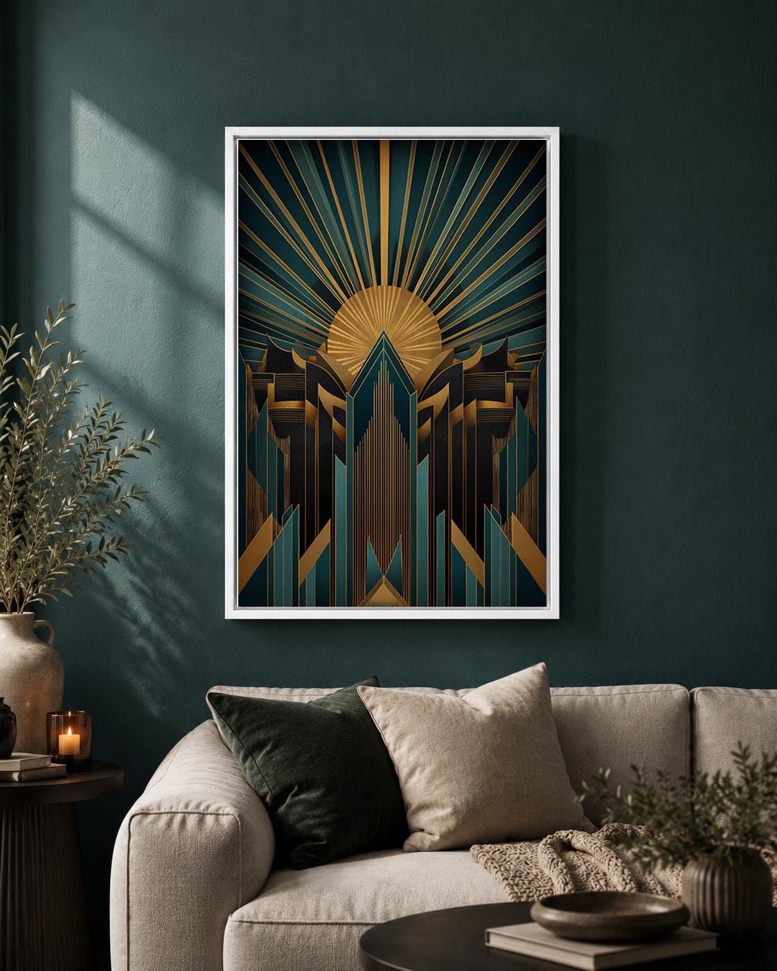 Art Deco Teal Gold Geometric Framed Canvas Wall Art, Gatsby Style Decor by The Wall Art Studio - physical
