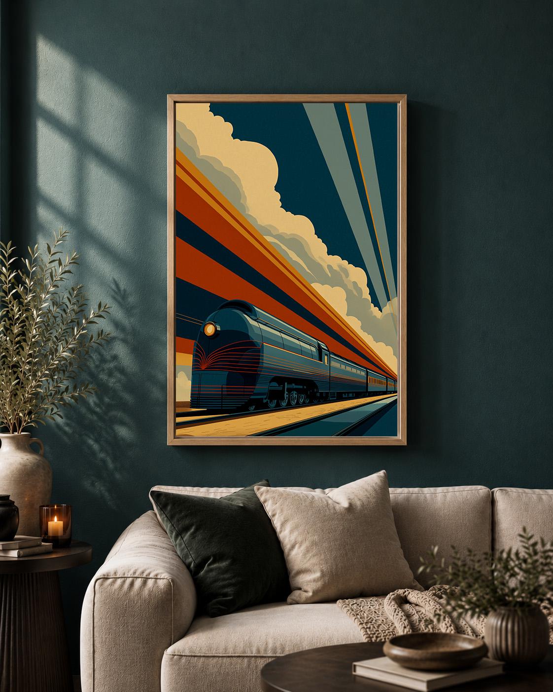 Art Deco Train Framed Canvas Print, Vintage Locomotive Wall Art, Retro Railway Decor by The Wall Art Studio - physical