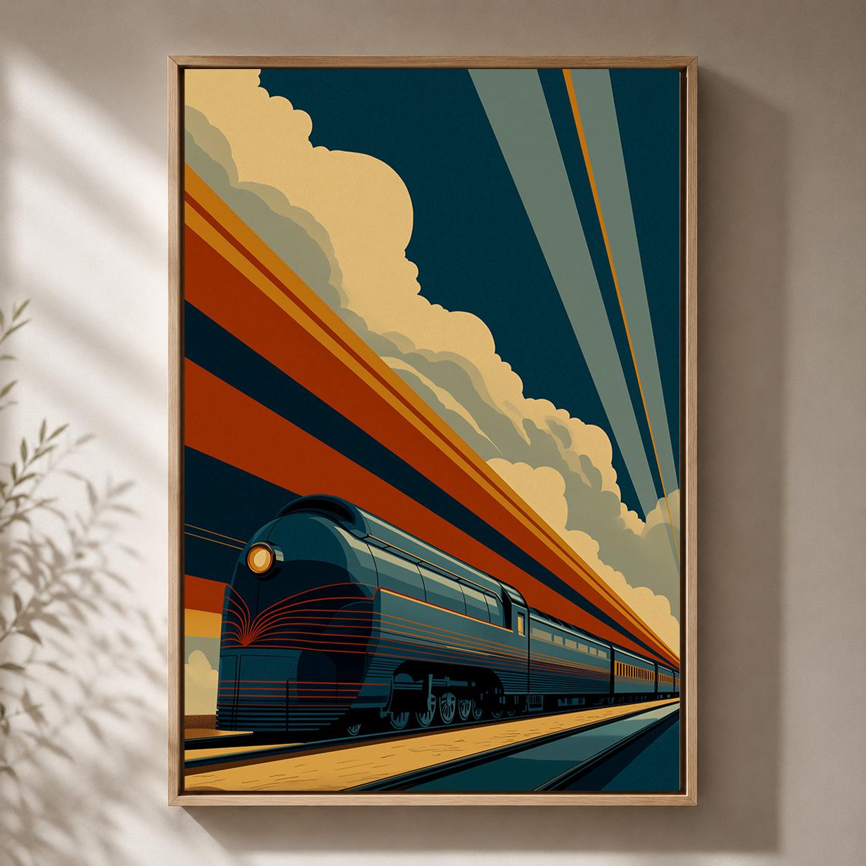 Art Deco Train Framed Canvas Print, Vintage Locomotive Wall Art, Retro Railway Decor by The Wall Art Studio - physical