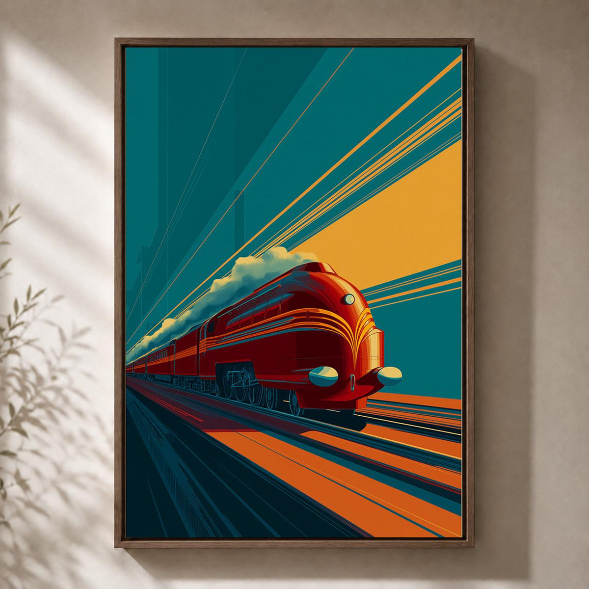 Art Deco Train Framed Canvas Wall Art, Retro Locomotive Print, Teal Orange Travel Decor by The Wall Art Studio - physical