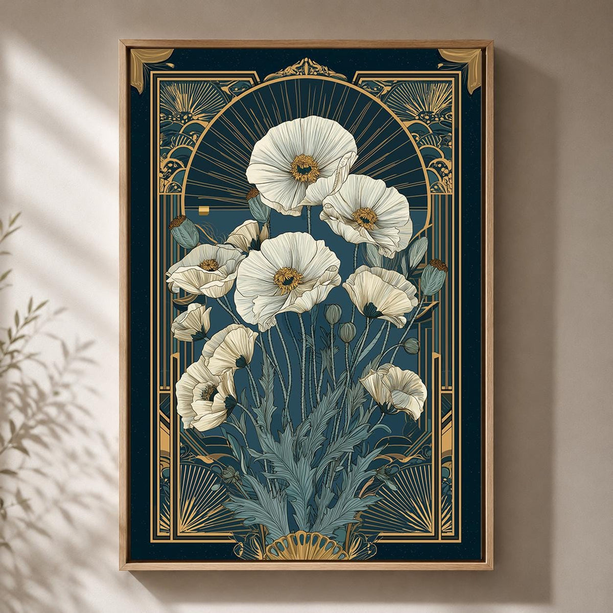 Art Deco White Poppy Framed Canvas Wall Art, Elegant Botanical Framed Canvas, Vintage Floral Decor, Luxury Flower Artwork...