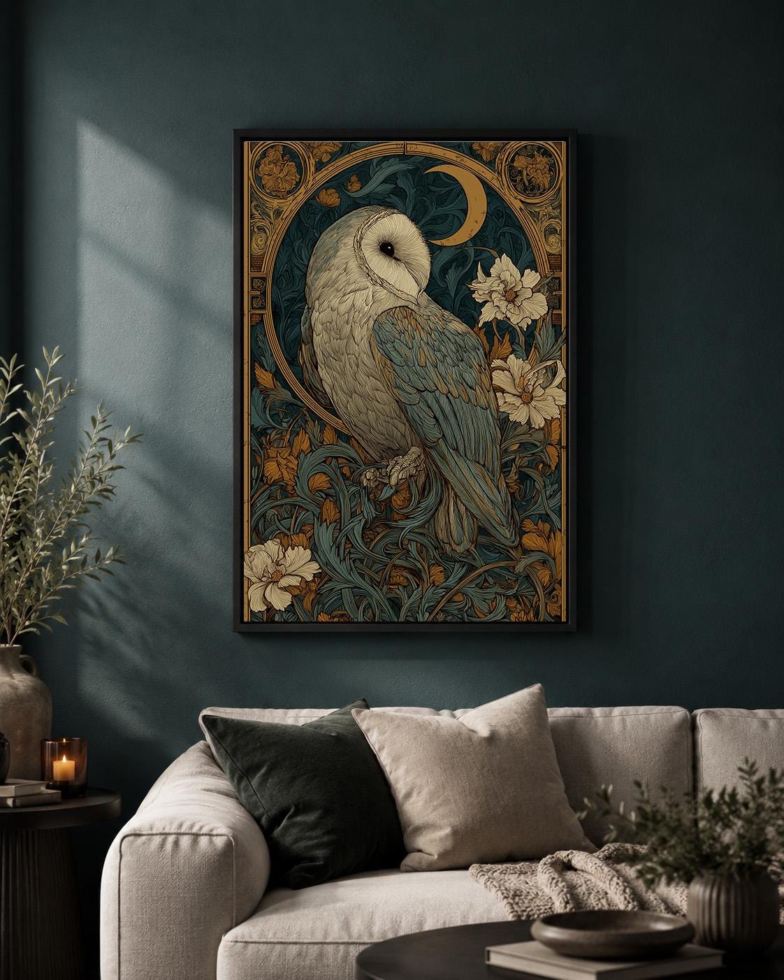 Art Nouveau Barn Owl Framed Canvas, Moonlit Botanical Bird Artwork, Vintage Nature Decor by The Wall Art Studio - physical