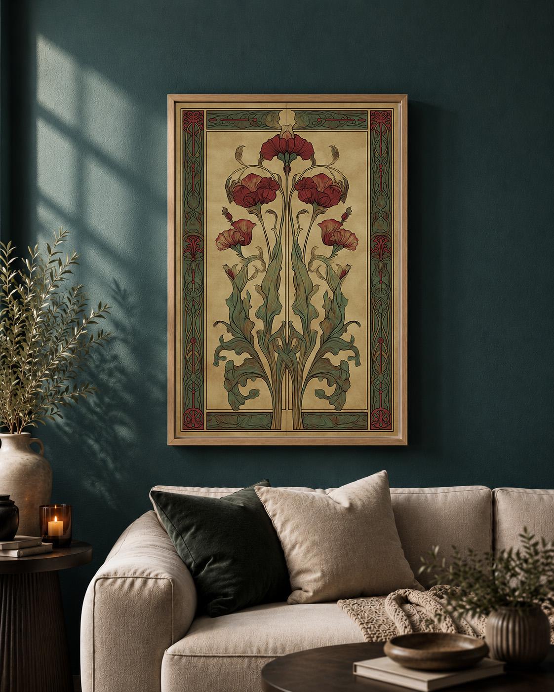 Art Nouveau Botanical Ginkgo Framed Canvas, Antique Floral Nature Wall Art by The Wall Art Studio - physical