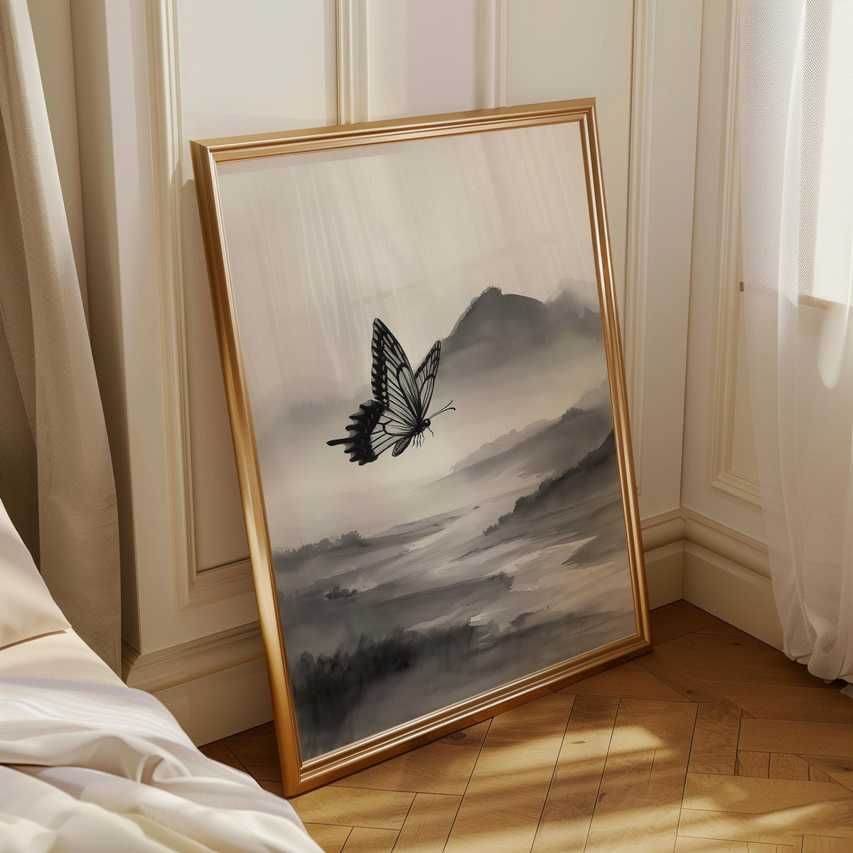 Asian Landscape Butterfly Art, Misty Mountain Wall Print, Japandi Décor, Zen Nature Painting by The Wall Art Studio - phys...