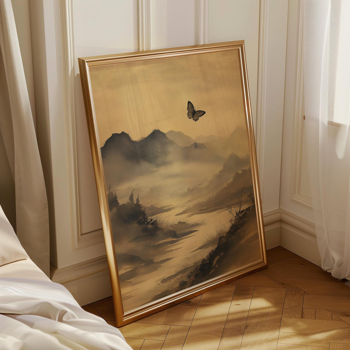 Asian Landscape Butterfly Art, Misty Mountain Wall Print, Japandi Décor, Zen Nature Painting by The Wall Art Studio - phys...
