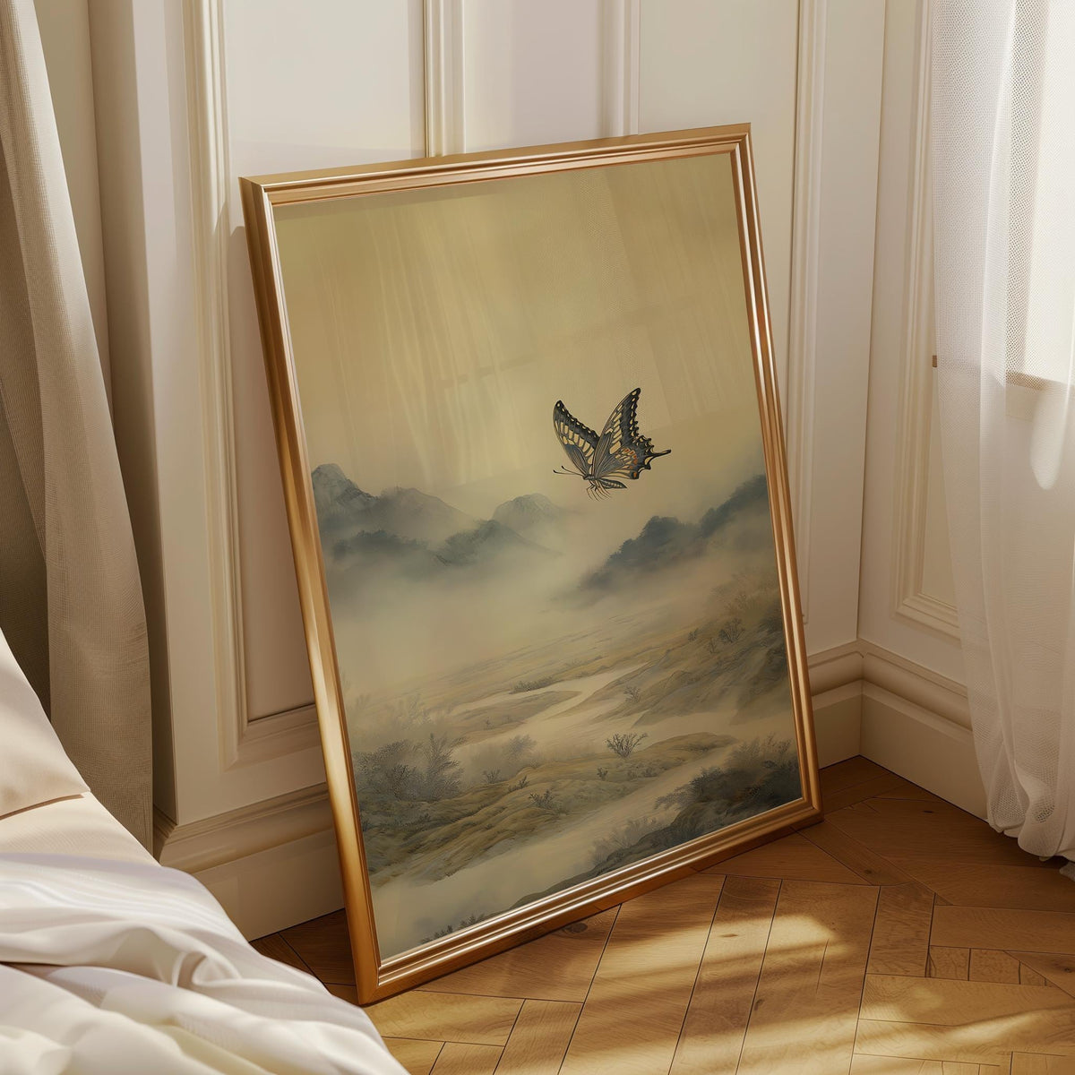 Asian Landscape Butterfly Art, Misty Mountain Wall Print, Japandi Décor, Zen Nature Painting by The Wall Art Studio - phys...