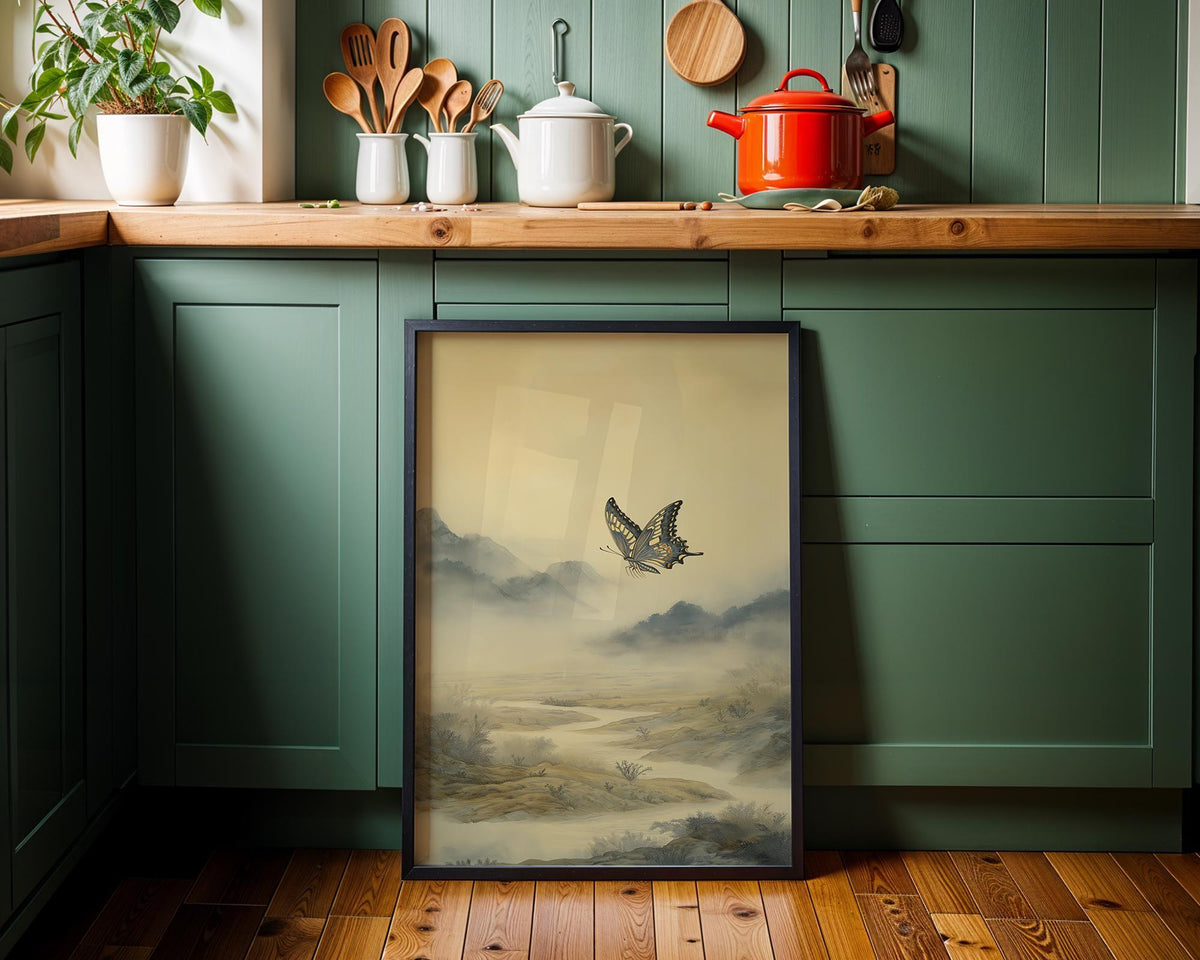 Asian Landscape Butterfly Art, Misty Mountain Wall Print, Japandi Décor, Zen Nature Painting by The Wall Art Studio - phys...