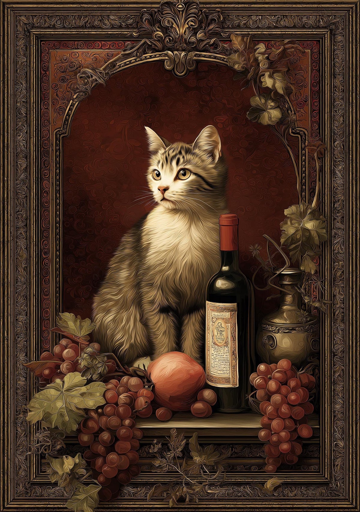 Baroque Cat Still Life Art Print | Vintage Wine and Fruit Painting | Classical Cat Portrait Poster | Elegant Old Master St...