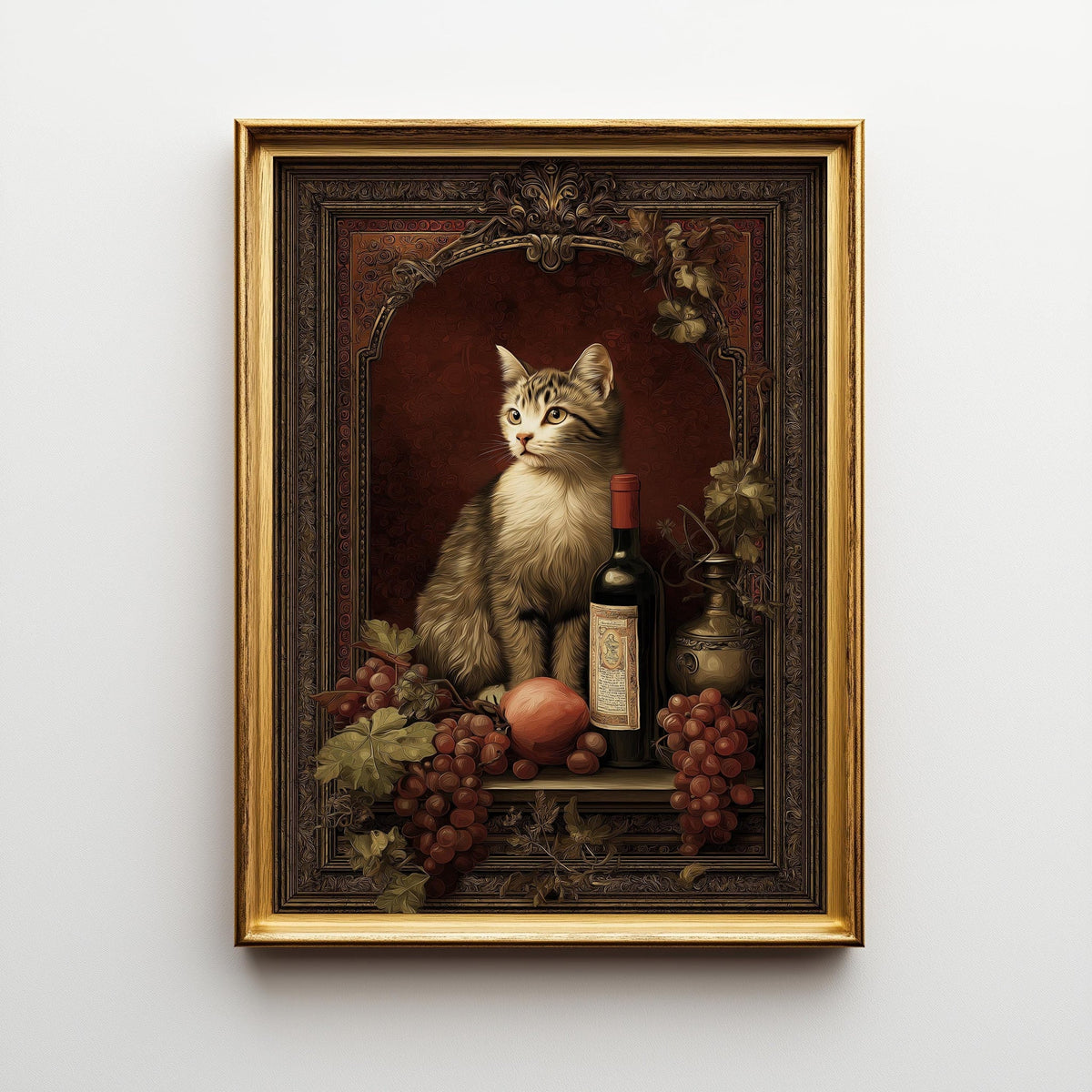 Baroque Cat Still Life Art Print | Vintage Wine and Fruit Painting | Classical Cat Portrait Poster | Elegant Old Master St...
