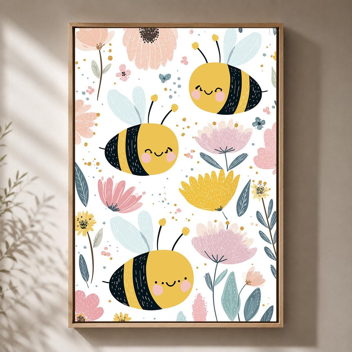 Bee Floral Framed Canvas Art, Whimsical Nursery Animal Print, Baby Room Decor by The Wall Art Studio - physical